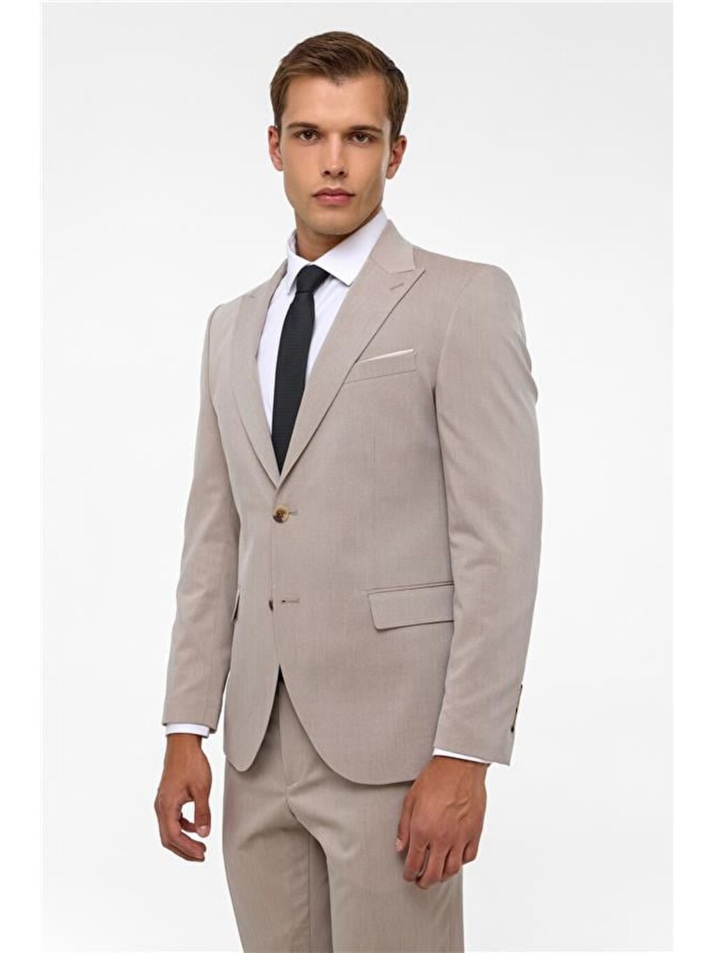 Bej Slim Desenli Sivri Yaka 6 Drop Takım Elbise-2