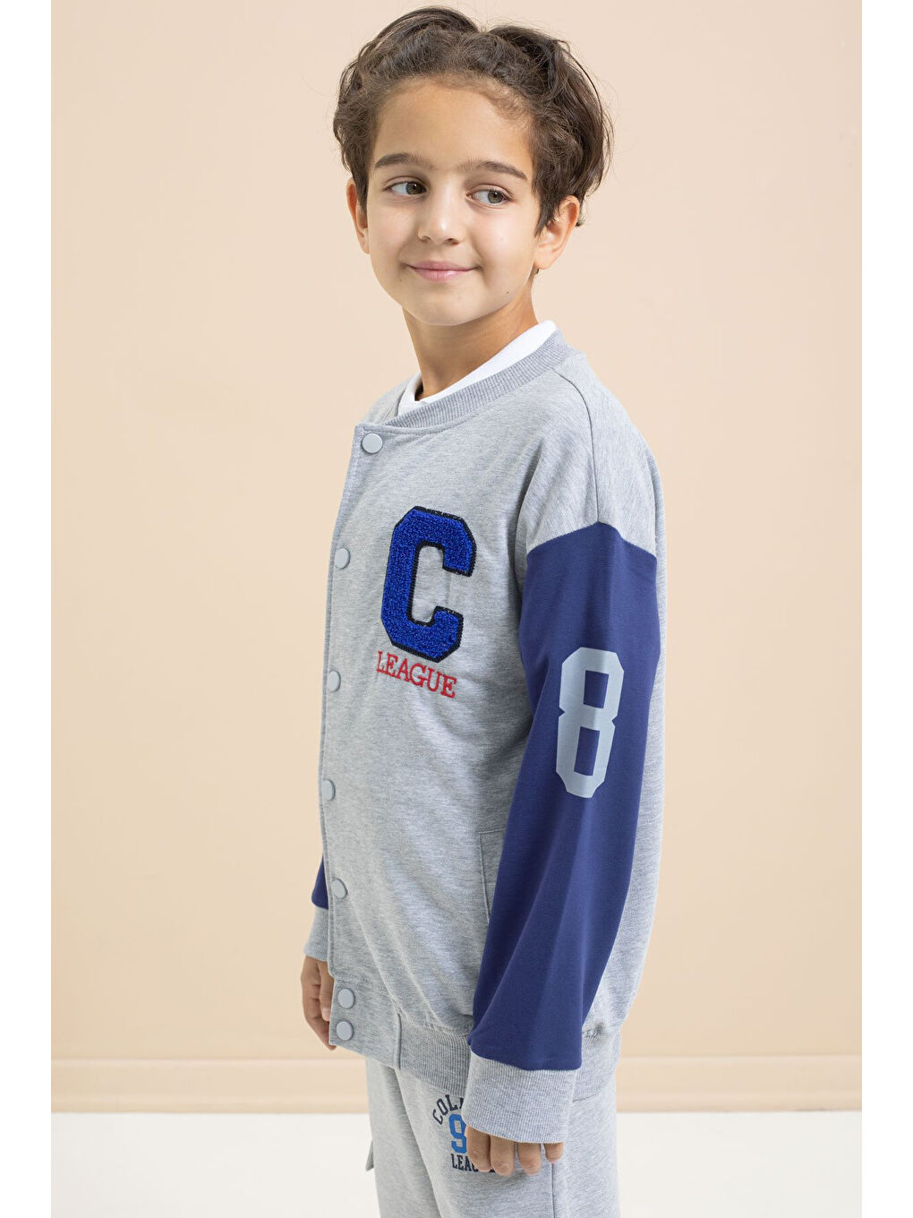 Gri Yazı Nakışlı Kolej Ceketli Erkek Çocuk Eşofman Takımı 21223-4