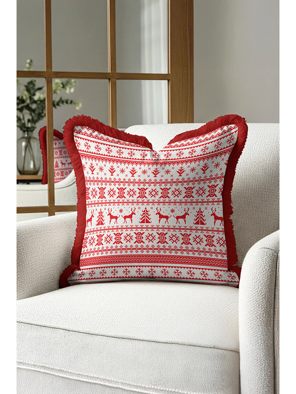 Karışık Nordik Noel Saçaklı Yastık Kılıfı - Geyikli Kış Temalı İskandinav Kırmızı Püsküllü Kırlent Kılıfı-4