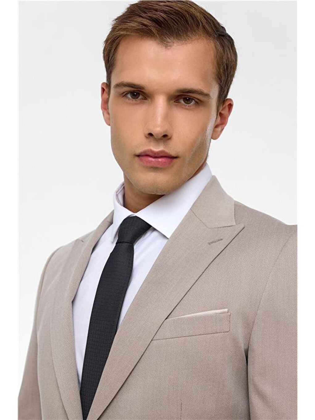 Bej Slim Desenli Sivri Yaka 6 Drop Takım Elbise-3