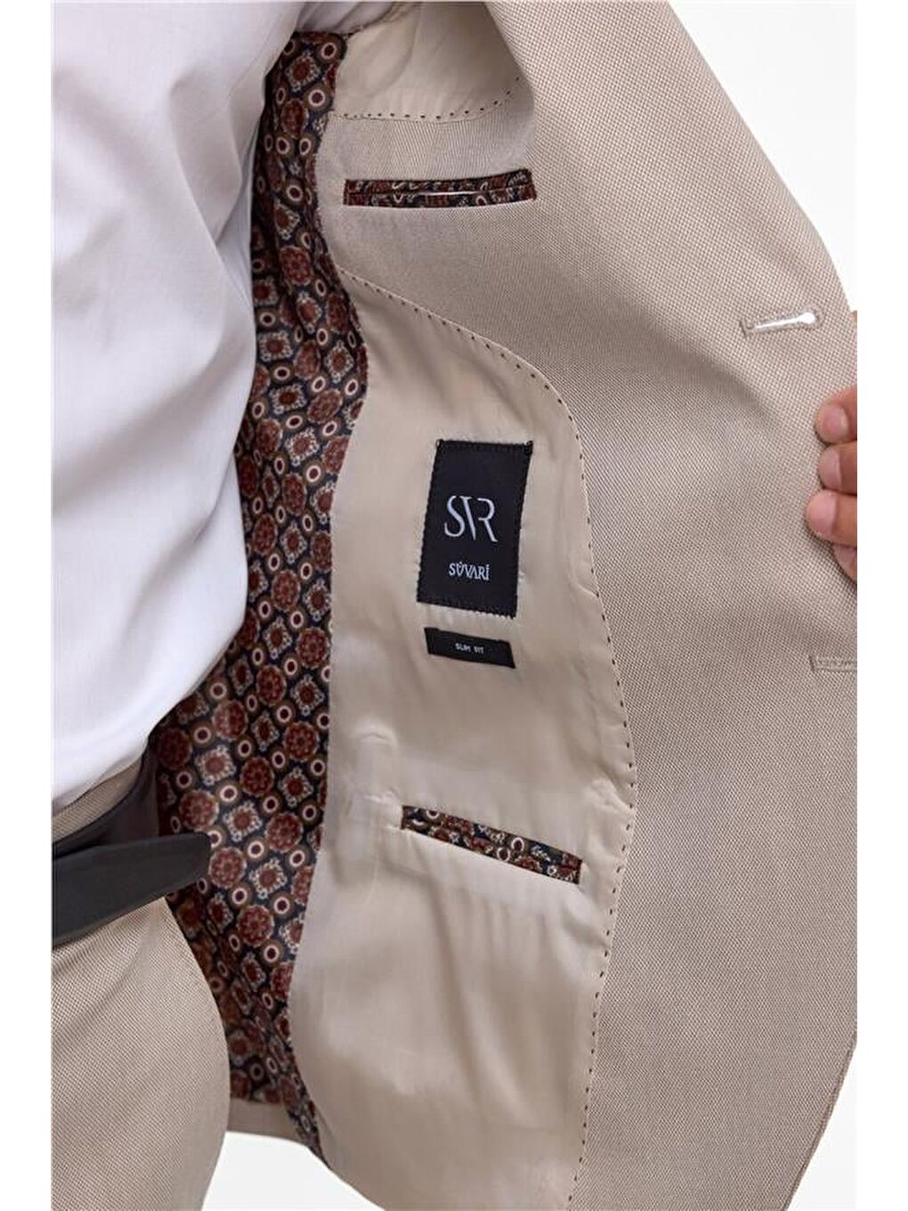 Bej Slim Desenli Sivri Yaka 6 Drop Takım Elbise-5