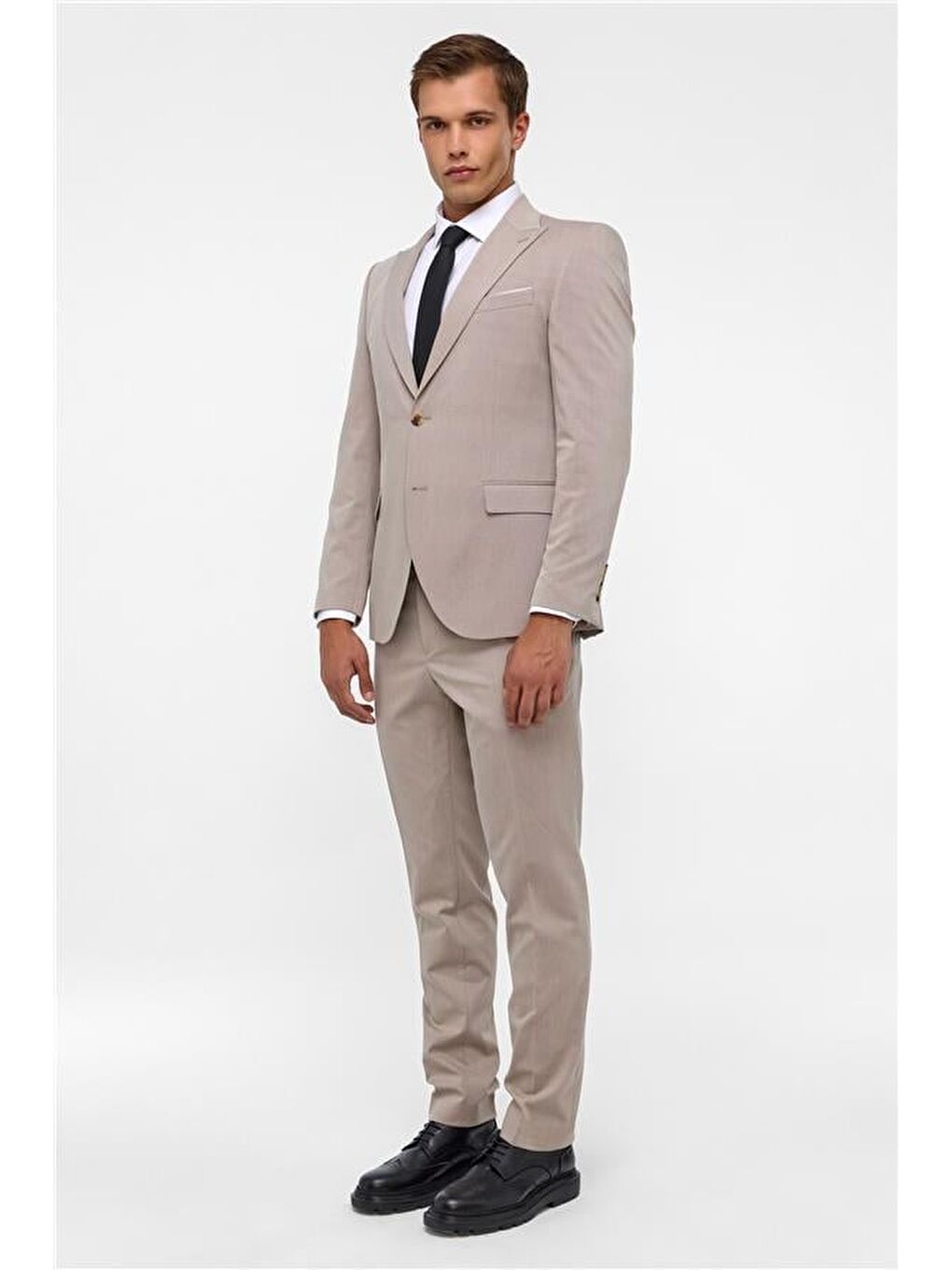 Bej Slim Desenli Sivri Yaka 6 Drop Takım Elbise-6