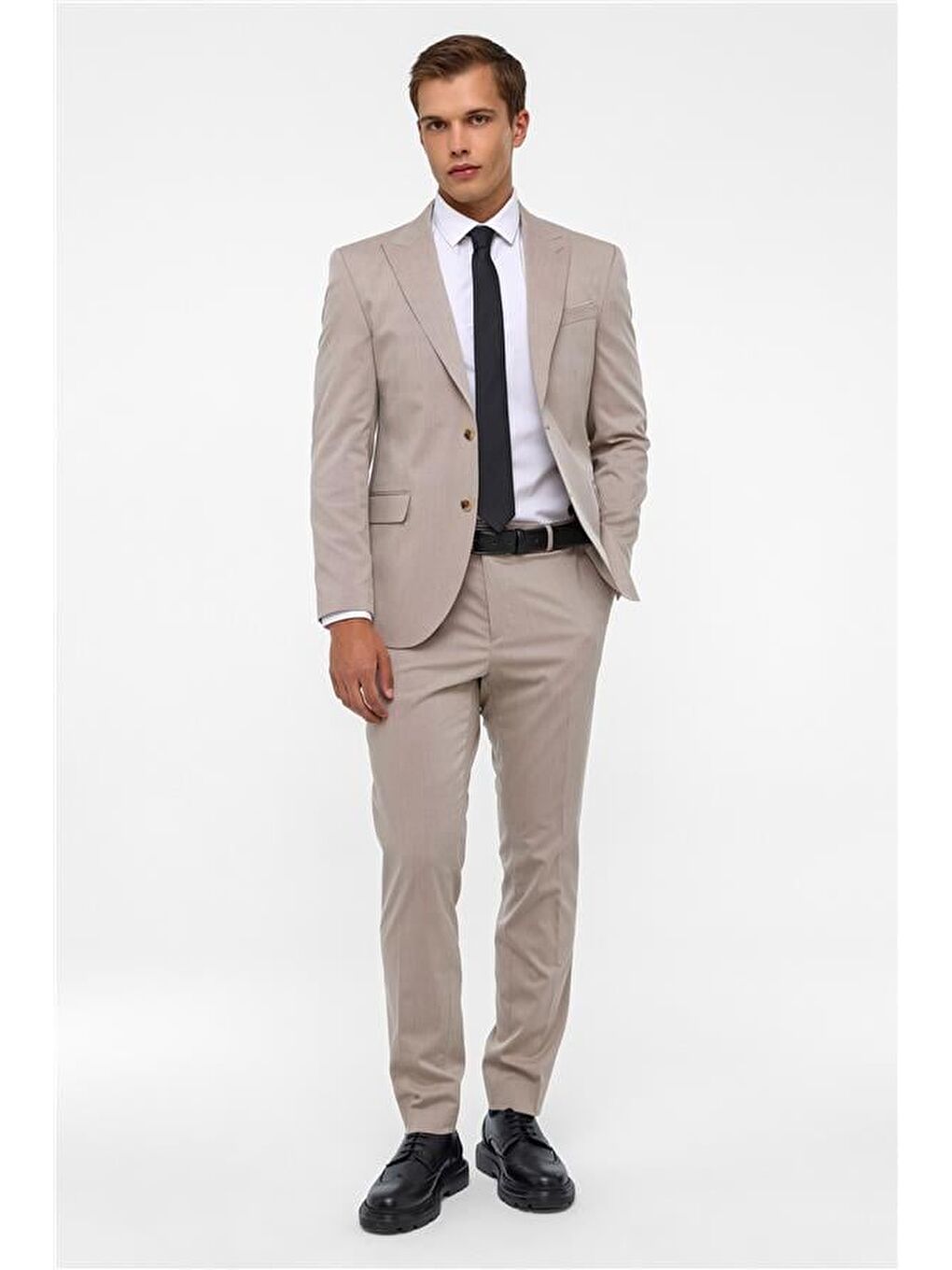 Bej Slim Desenli Sivri Yaka 6 Drop Takım Elbise-9