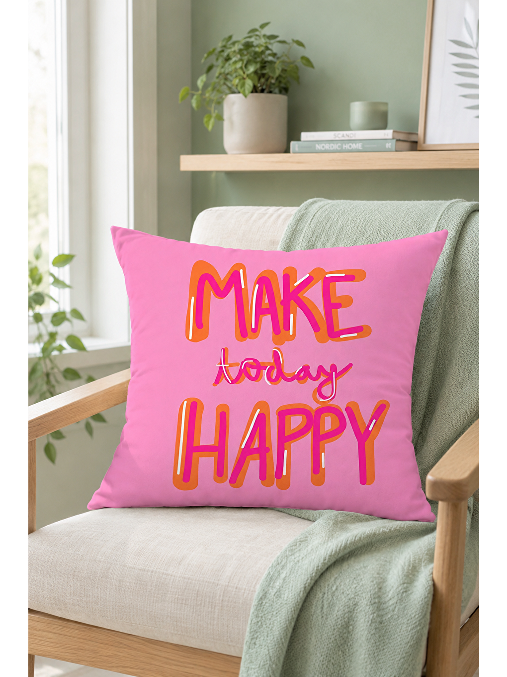 Fuşya Make Today Happy Yazı Baskılı Dekoratif Kırlent Kılıfı Pembe Pop Art Dekor 43x43 Cm-3