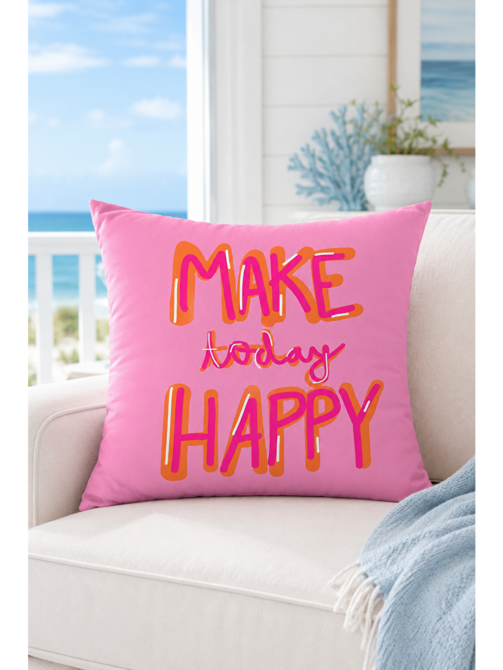 Fuşya Make Today Happy Yazı Baskılı Dekoratif Kırlent Kılıfı Pembe Pop Art Dekor 43x43 Cm-4