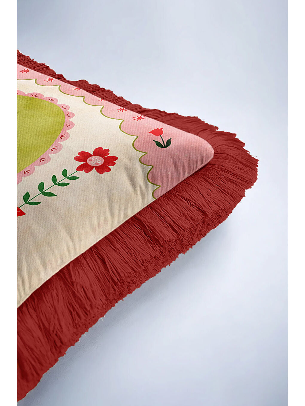 Karışık Vintage Saçaklı Yastık Kılıfı - Kedi Figürlü Retro Çiçekli Kırmızı Püsküllü Kırlent Kılıfı-6