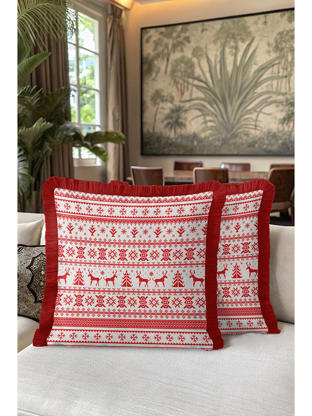 Karışık Nordik Noel Saçaklı Yastık Kılıfı - Geyikli Kış Temalı İskandinav Kırmızı Püsküllü Kırlent Kılıfı-5