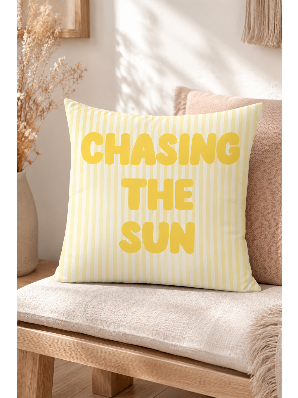 Beyaz Chasing The Sun Sarı Çizgili Yazı Baskılı Dekoratif Kırlent Kılıfı Yazlık 43x43 Cm-2