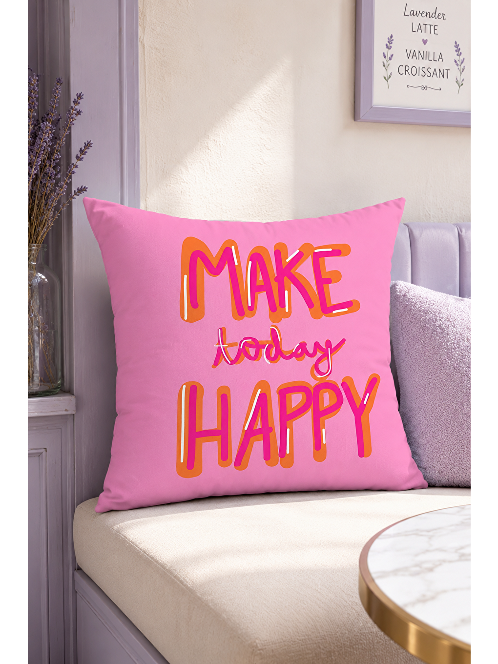 Fuşya Make Today Happy Yazı Baskılı Dekoratif Kırlent Kılıfı Pembe Pop Art Dekor 43x43 Cm-5