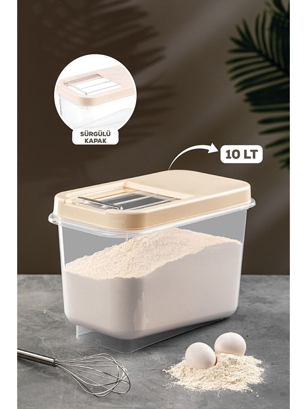 Ekru 10 Lt Bakliyat Saklama Kabı Kayar Kapaklı Erzak Saklama Kabı Un Kabı Krem