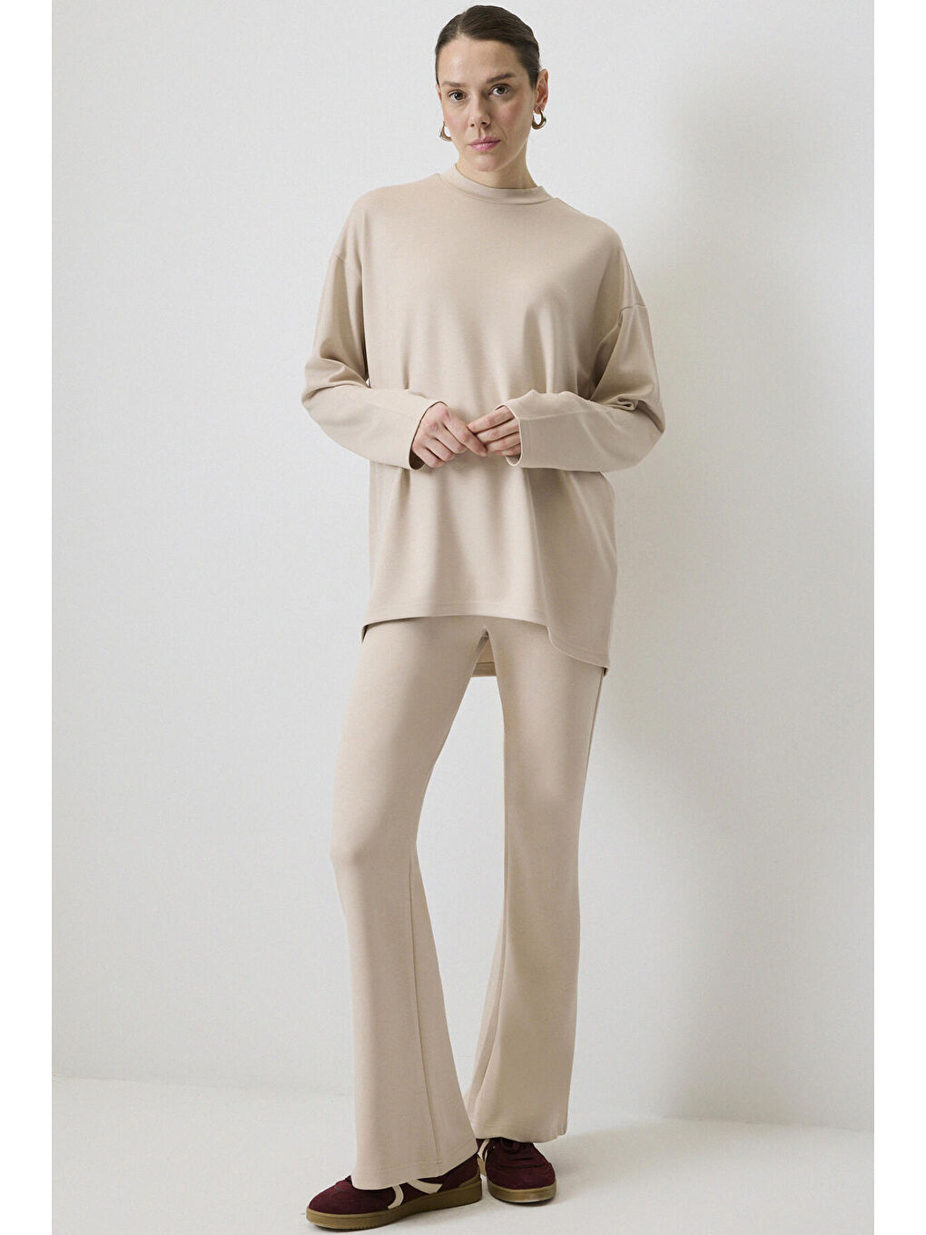 Bej Modal Scuba Tunik Pantolon Takım