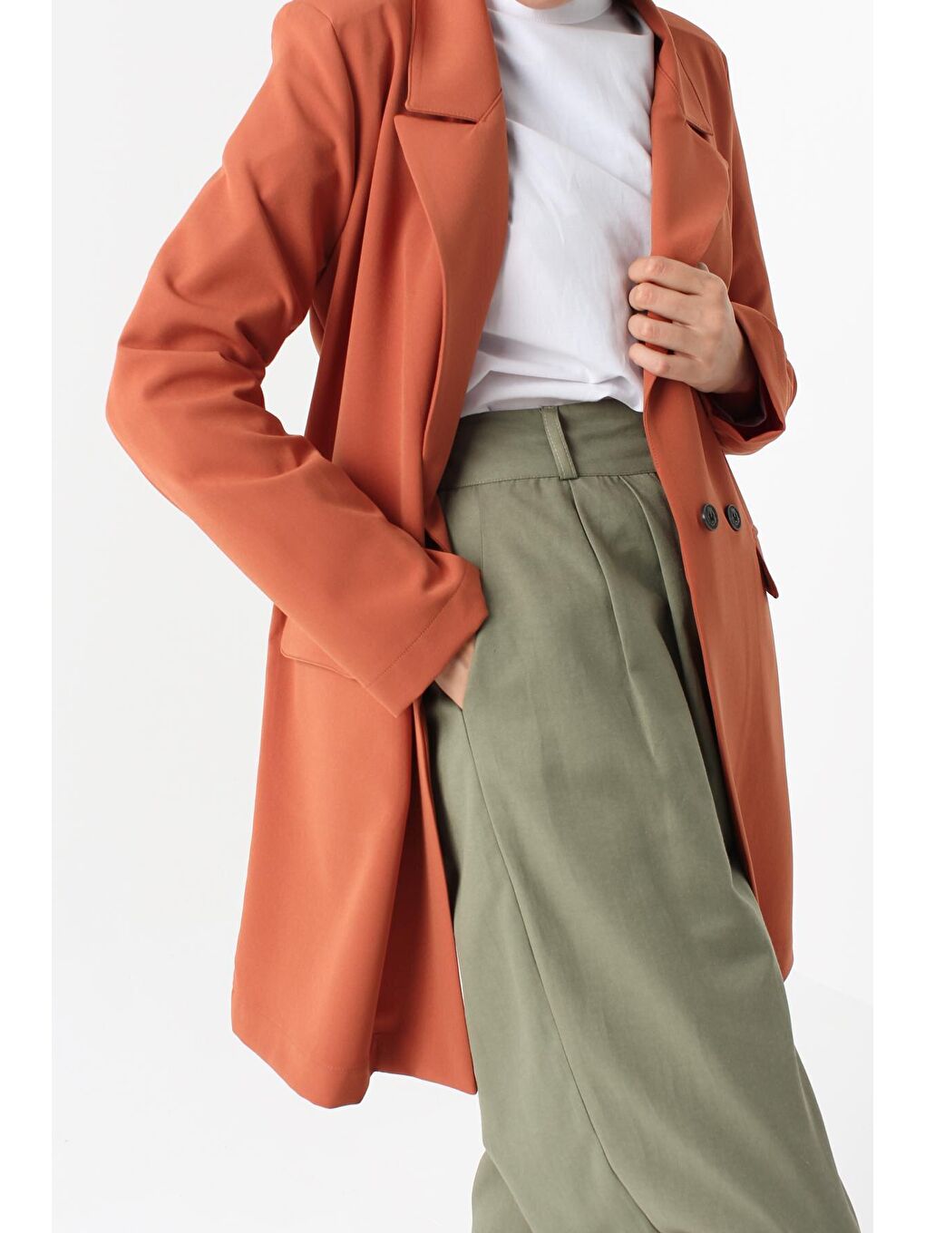 Kahverengi Kiremit Kruvaze Cepli Blazer Ceket