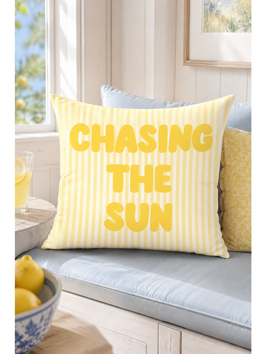 Beyaz Chasing The Sun Sarı Çizgili Yazı Baskılı Dekoratif Kırlent Kılıfı Yazlık 43x43 Cm-3