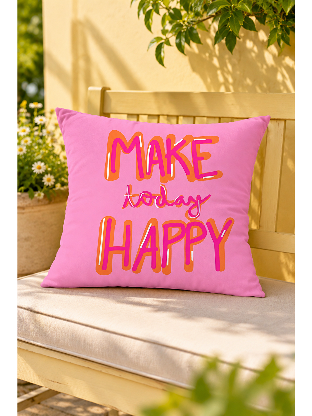 Fuşya Make Today Happy Yazı Baskılı Dekoratif Kırlent Kılıfı Pembe Pop Art Dekor 43x43 Cm-6