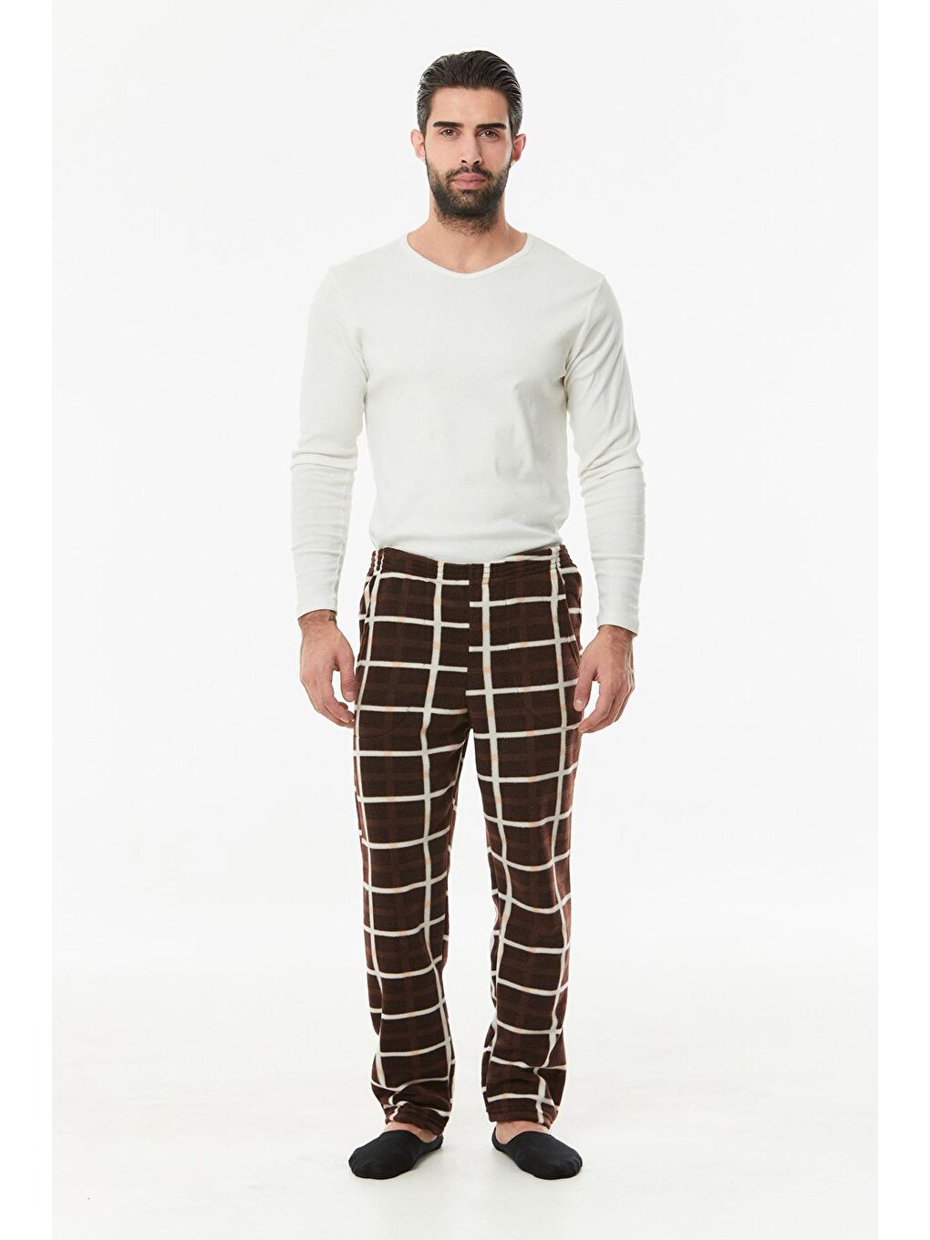 Kahverengi Çizgili Polar Pijama Altı