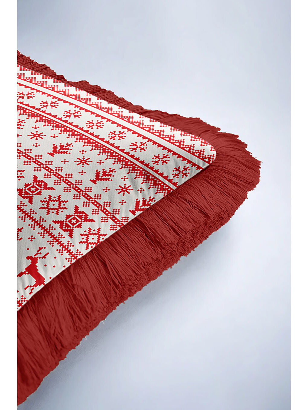 Karışık Nordik Noel Saçaklı Yastık Kılıfı - Geyikli Kış Temalı İskandinav Kırmızı Püsküllü Kırlent Kılıfı-6