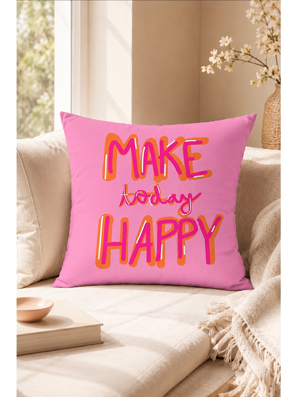 Fuşya Make Today Happy Yazı Baskılı Dekoratif Kırlent Kılıfı Pembe Pop Art Dekor 43x43 Cm-7