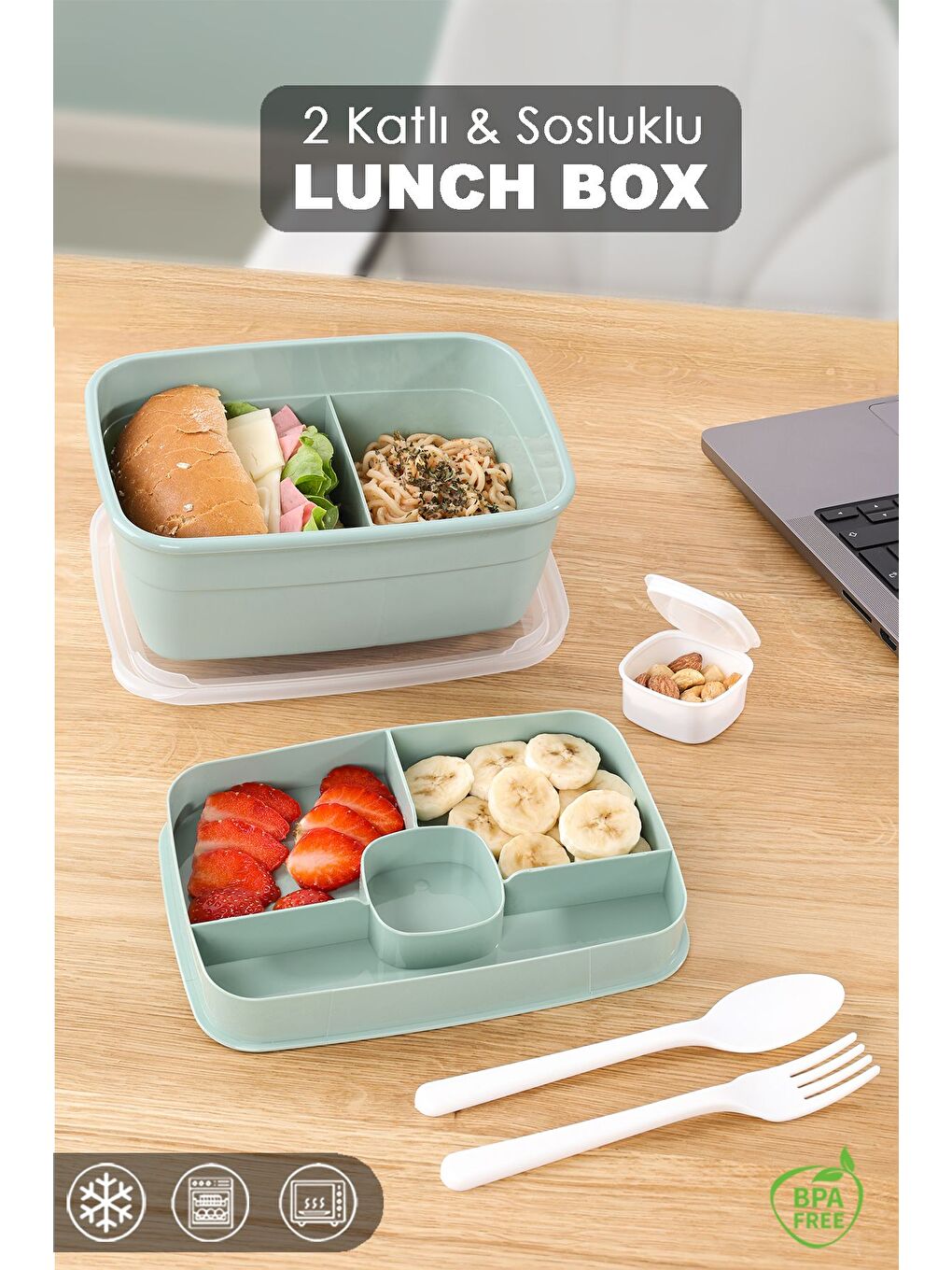 2 Katlı Bölmeli Beslenme Kabı Yemek Taşıma Saklama Kabı Diyet Lunch Box Sosluk Kaşık Çatal Yeşil