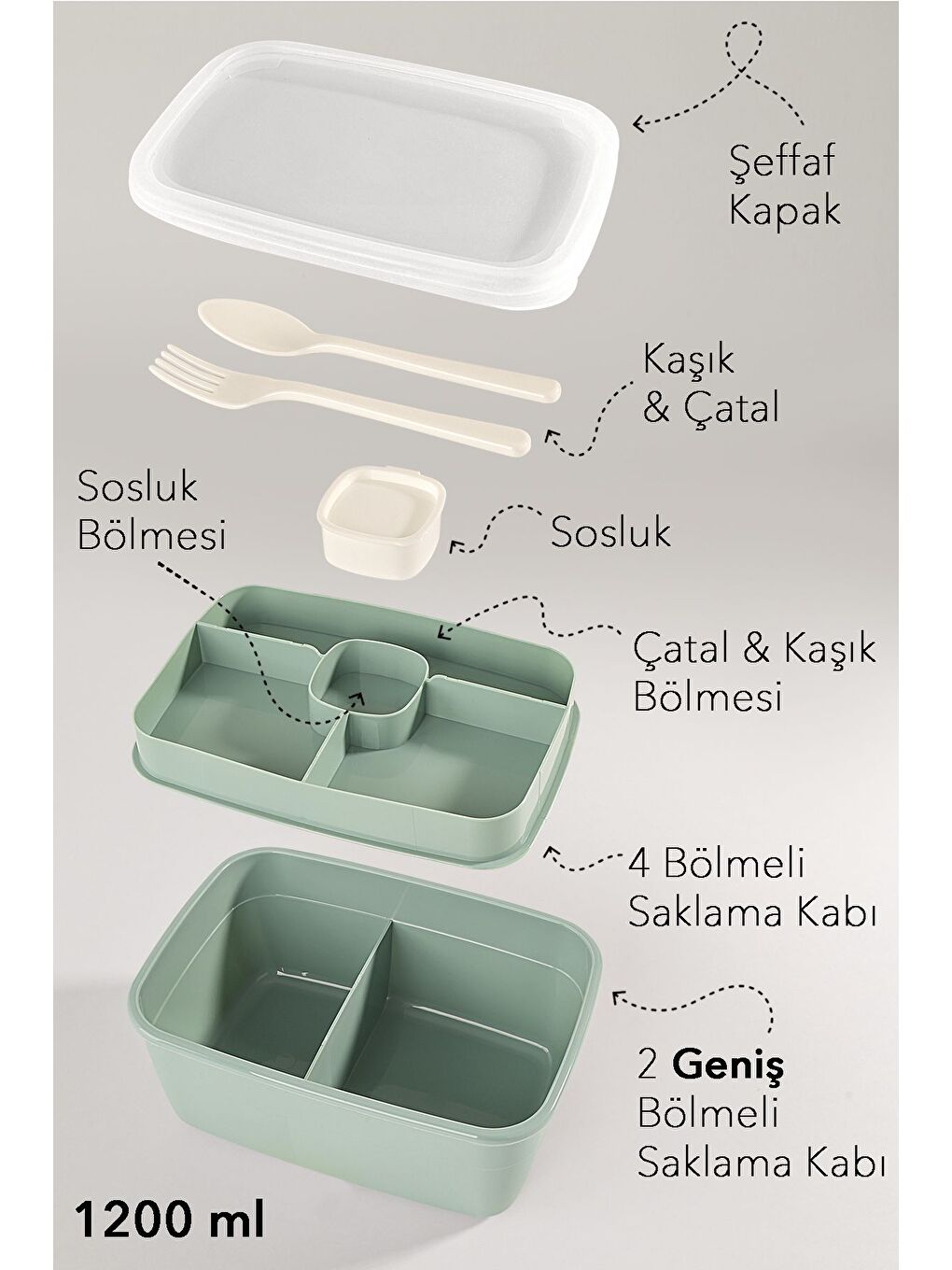 2 Katlı Bölmeli Beslenme Kabı Yemek Taşıma Saklama Kabı Diyet Lunch Box Sosluk Kaşık Çatal Yeşil-1
