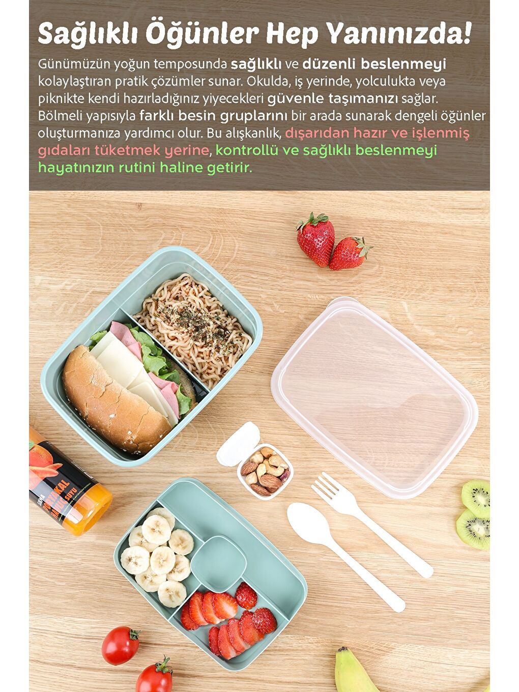 2 Katlı Bölmeli Beslenme Kabı Yemek Taşıma Saklama Kabı Diyet Lunch Box Sosluk Kaşık Çatal Yeşil-2
