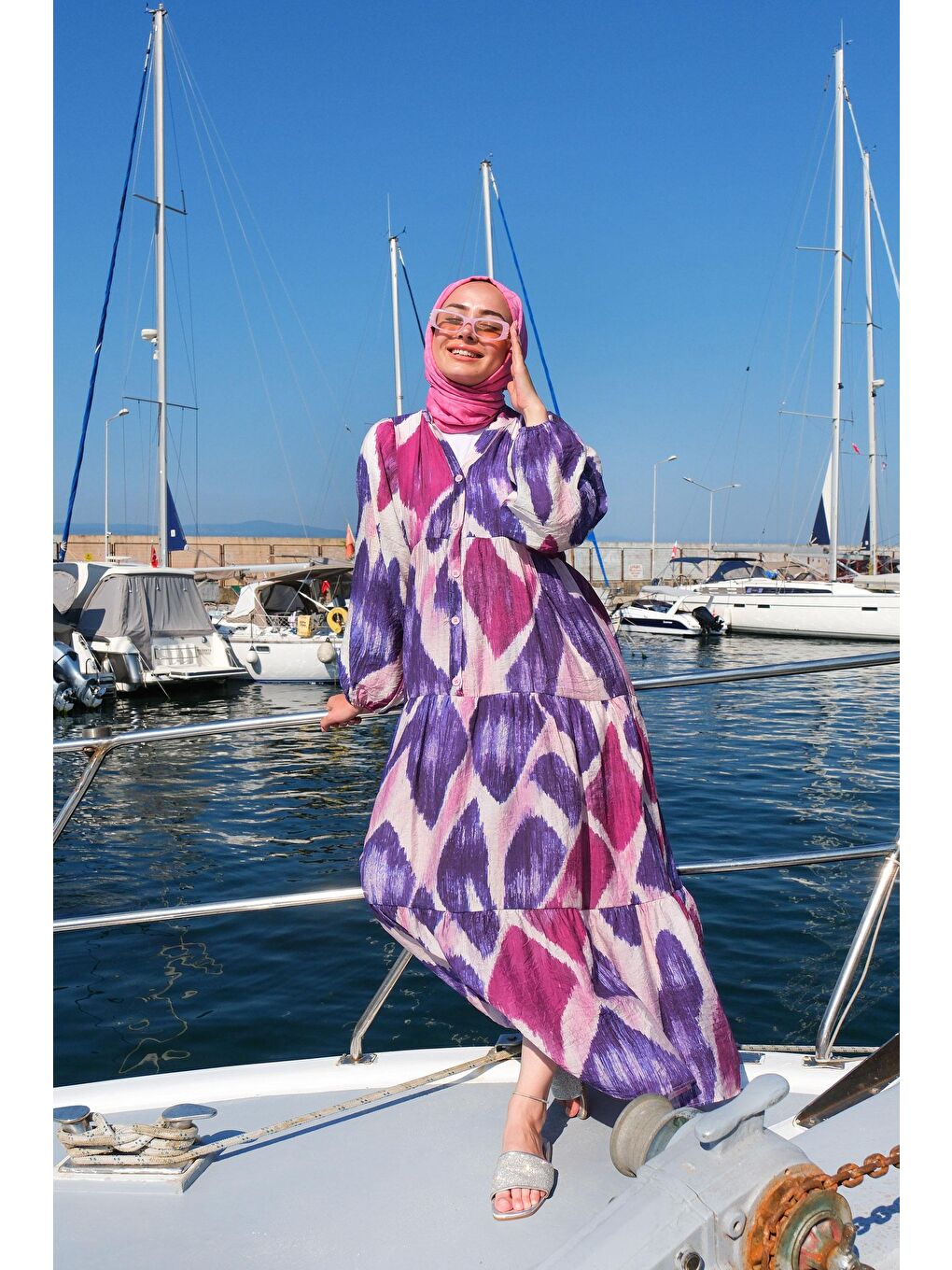 Fırça Desen Elbise Lila