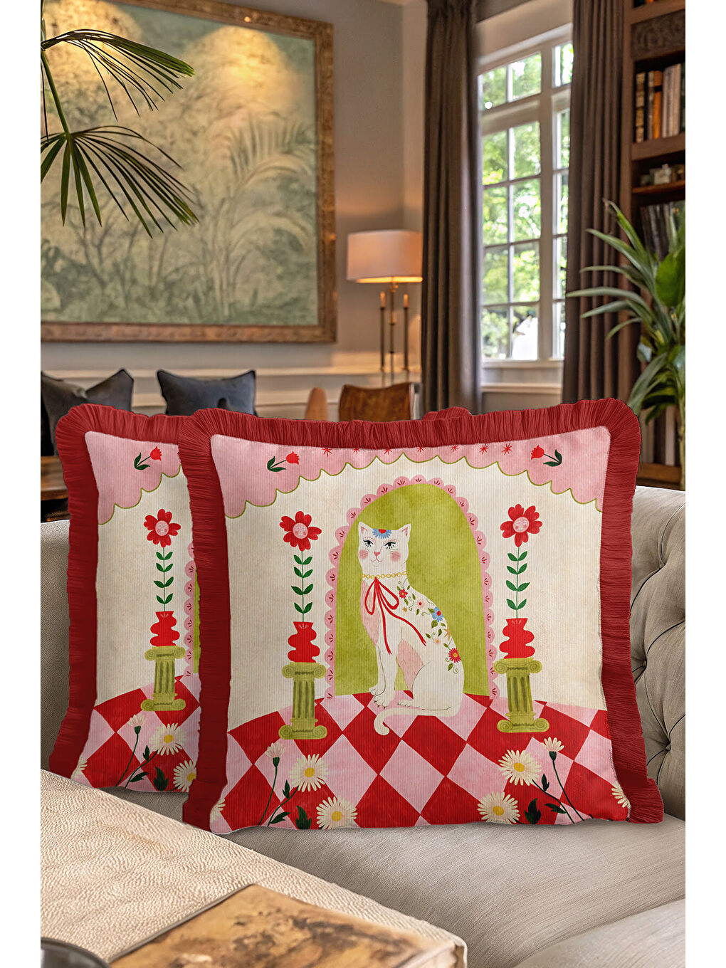 Karışık Vintage Saçaklı Yastık Kılıfı - Kedi Figürlü Retro Çiçekli Kırmızı Püsküllü Kırlent Kılıfı-7