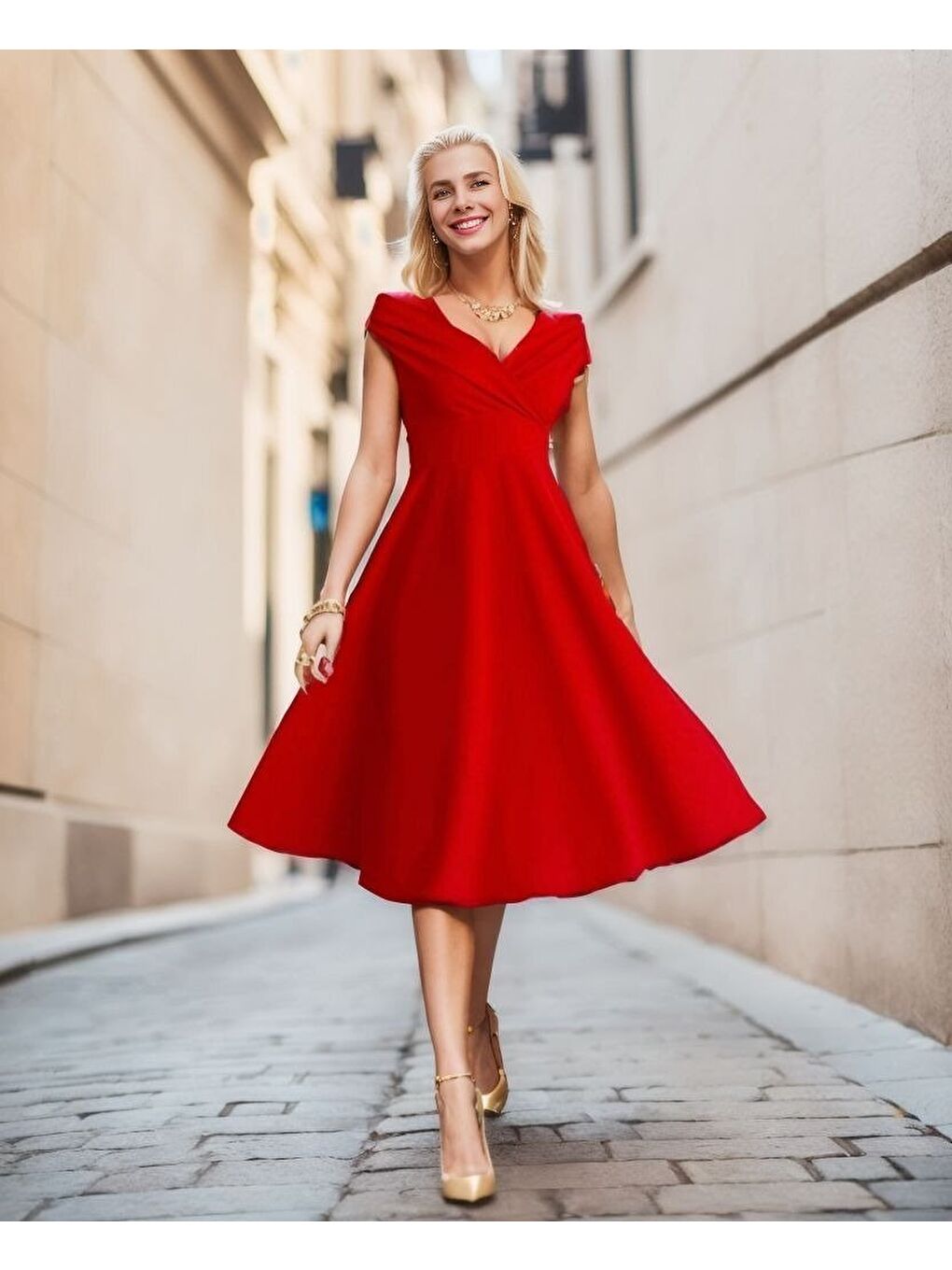 Kırmızı Kadın Kısa Kollu Kruvaze Yaka Eteği Volanlı Krep Elbise-4