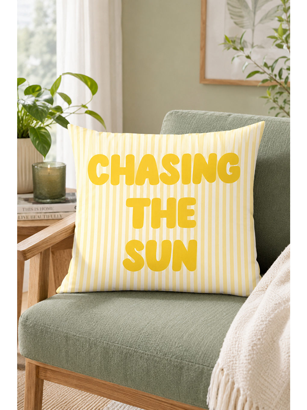 Beyaz Chasing The Sun Sarı Çizgili Yazı Baskılı Dekoratif Kırlent Kılıfı Yazlık 43x43 Cm-5