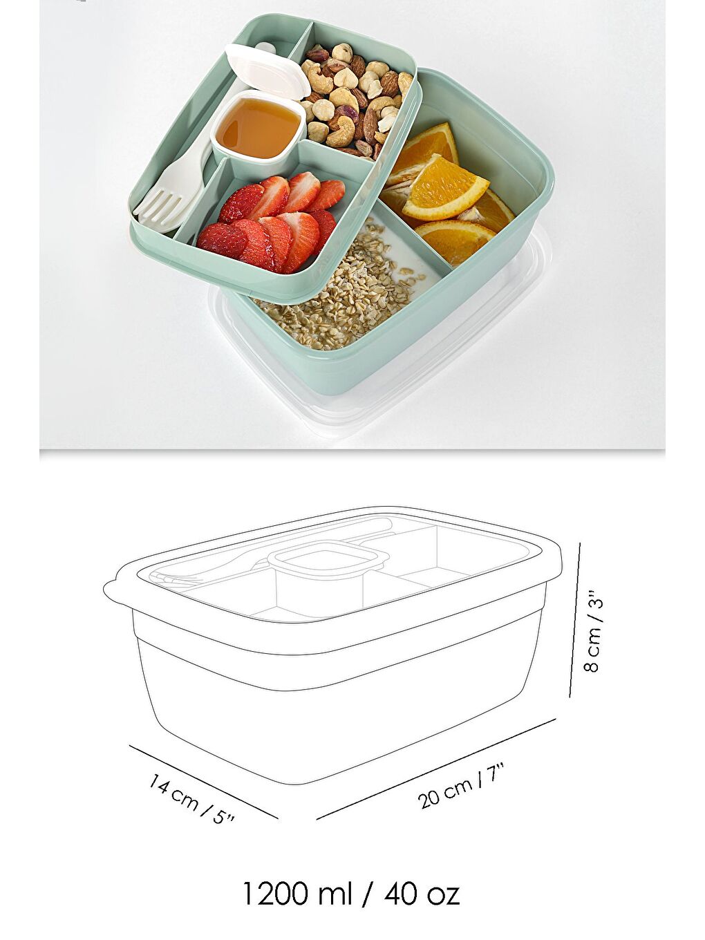 2 Katlı Bölmeli Beslenme Kabı Yemek Taşıma Saklama Kabı Diyet Lunch Box Sosluk Kaşık Çatal Yeşil-6