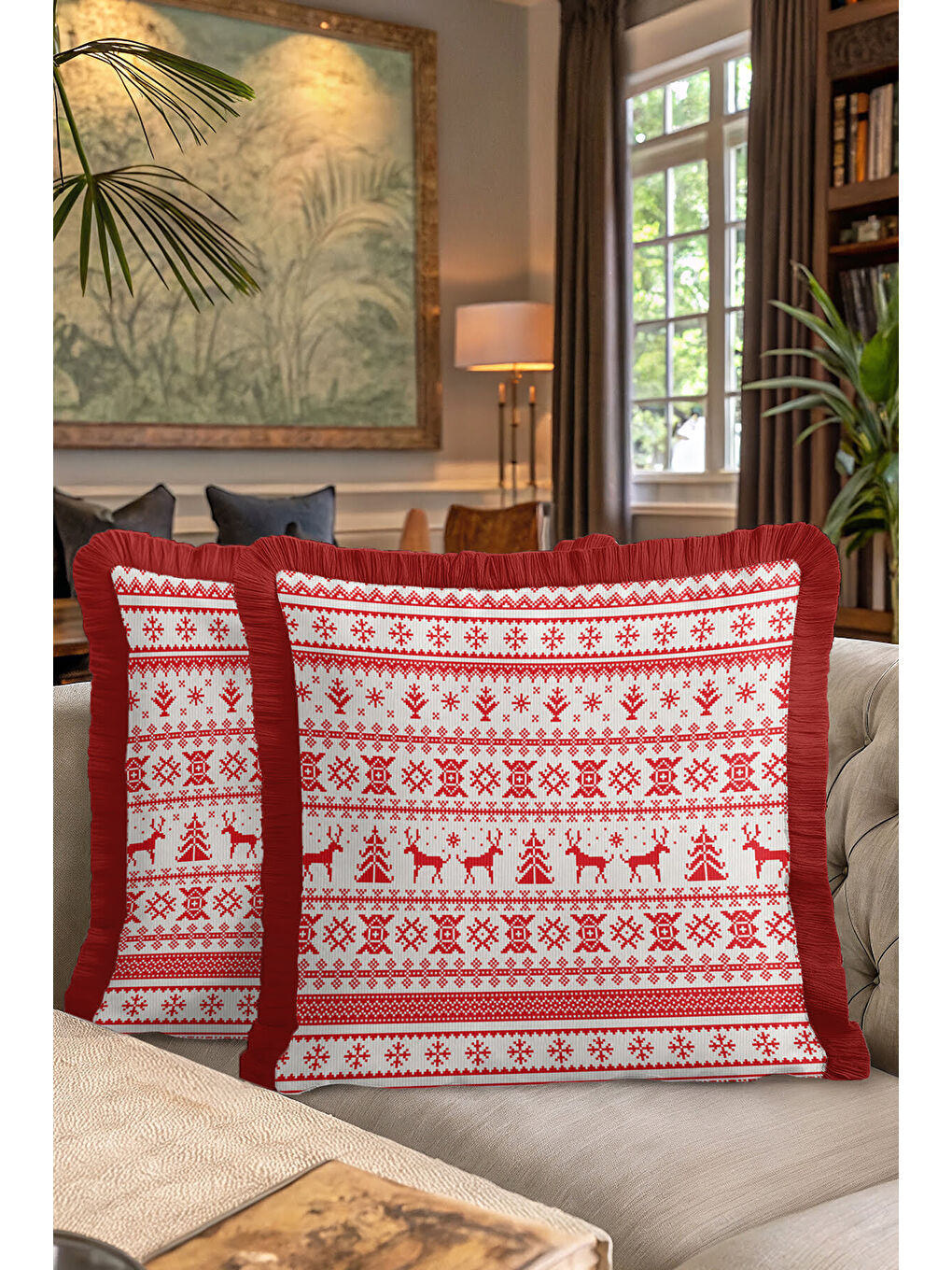 Karışık Nordik Noel Saçaklı Yastık Kılıfı - Geyikli Kış Temalı İskandinav Kırmızı Püsküllü Kırlent Kılıfı-7