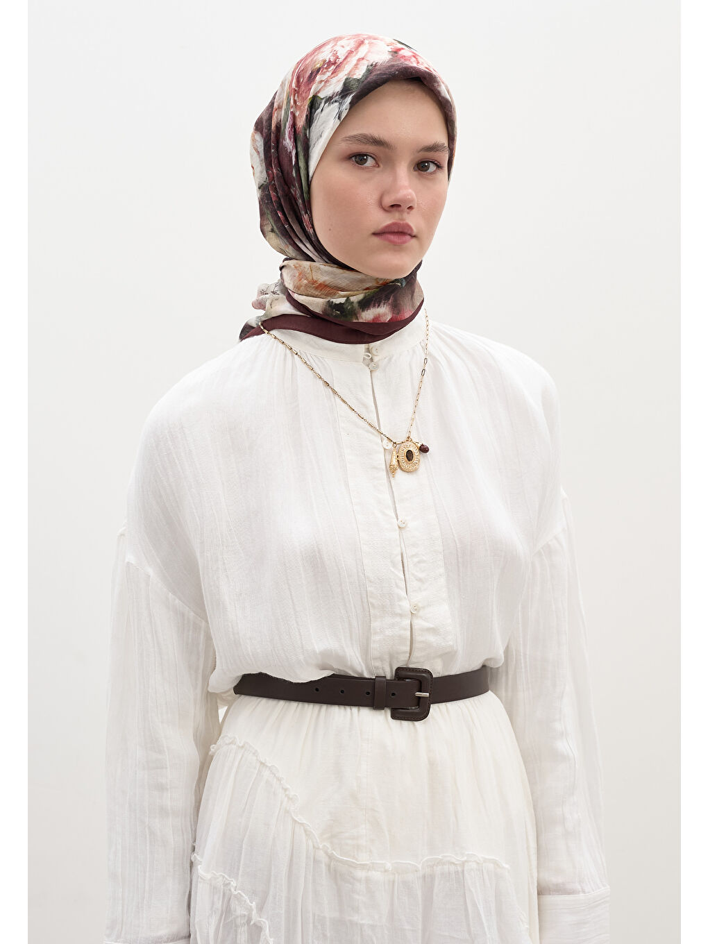 Vıntage Rose Desen Pamuklu Viskon Eşarp Bordo-1