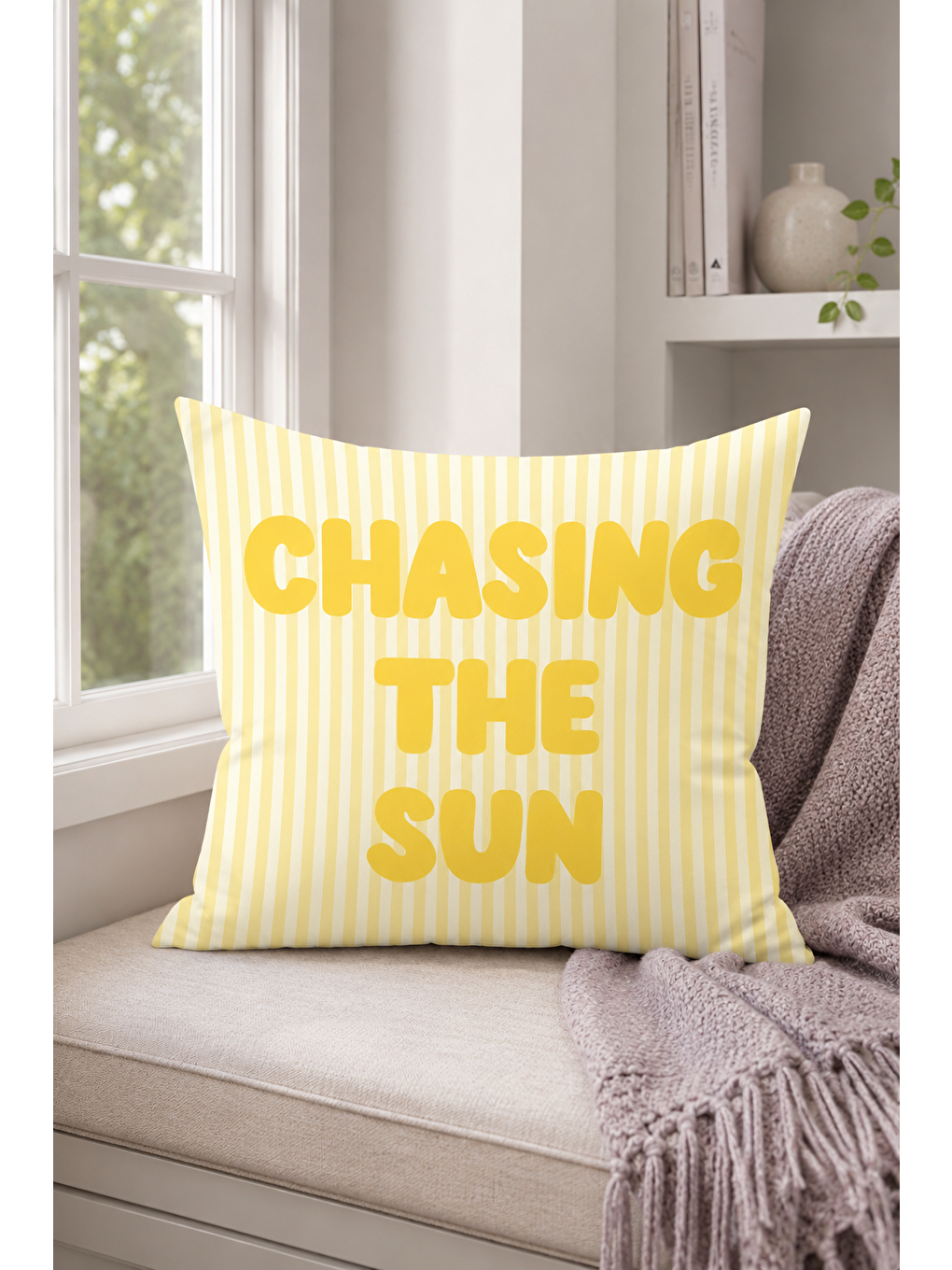 Beyaz Chasing The Sun Sarı Çizgili Yazı Baskılı Dekoratif Kırlent Kılıfı Yazlık 43x43 Cm-6