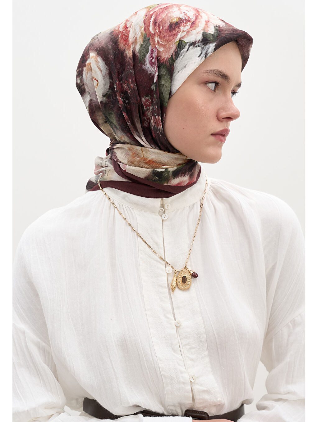 Vıntage Rose Desen Pamuklu Viskon Eşarp Bordo-2