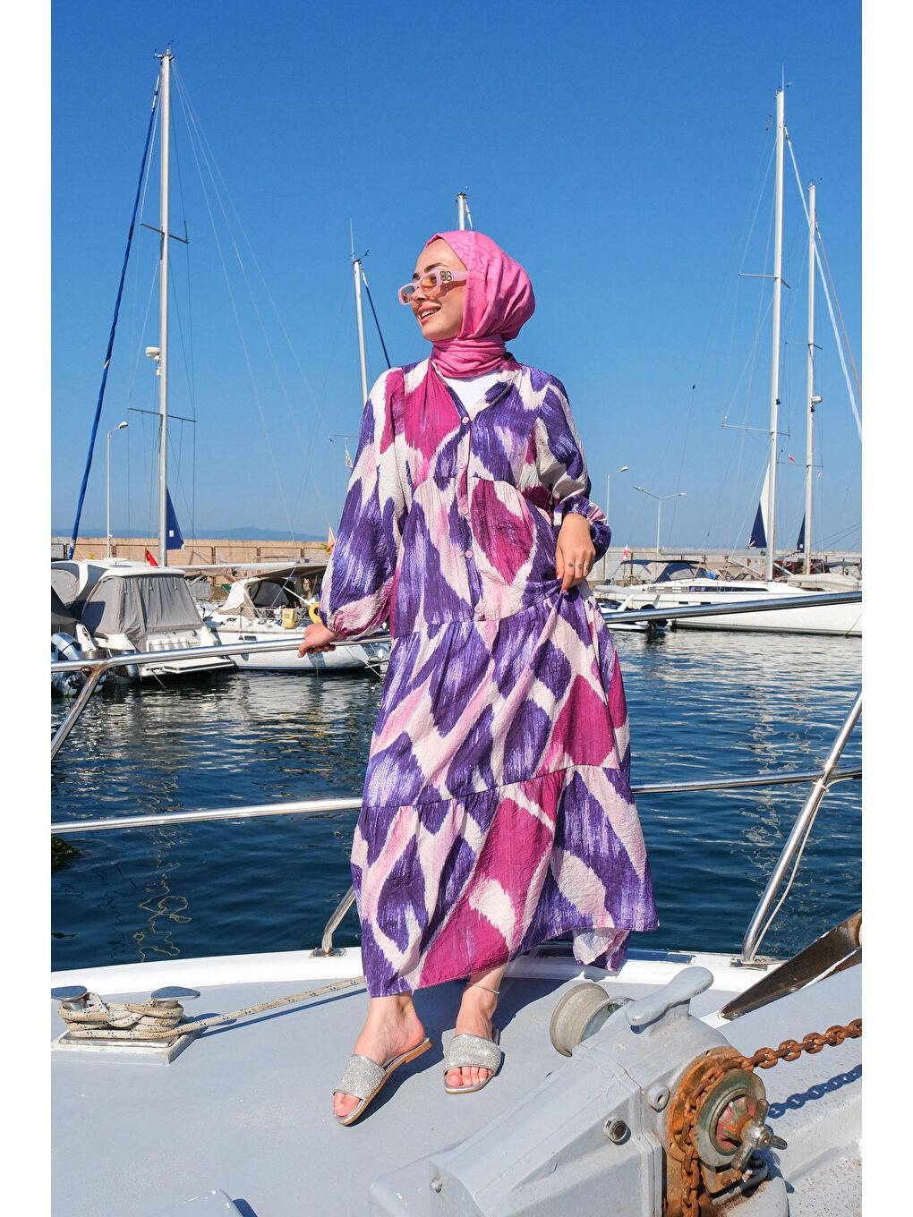 Fırça Desen Elbise Lila-1