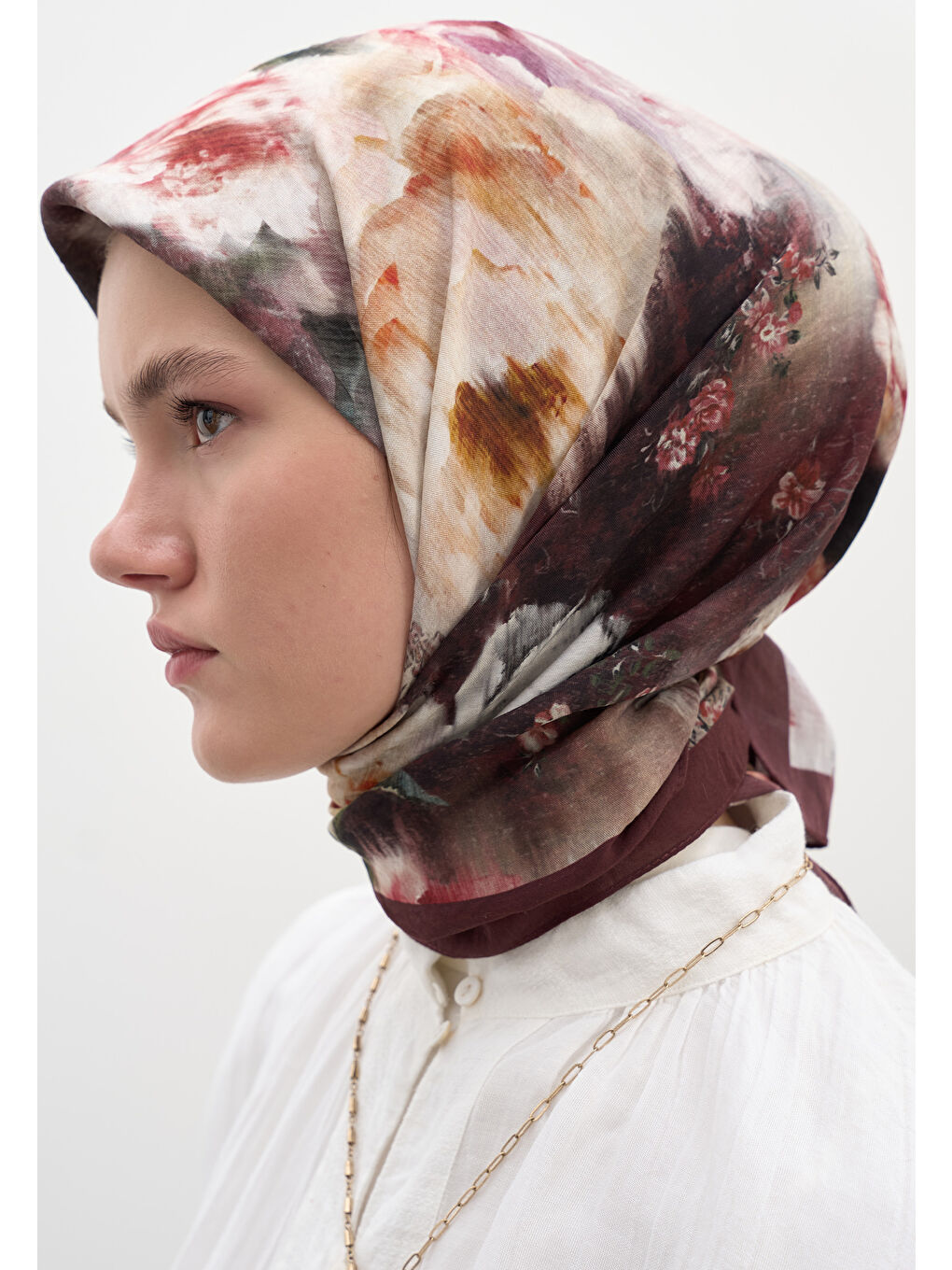 Vıntage Rose Desen Pamuklu Viskon Eşarp Bordo-3