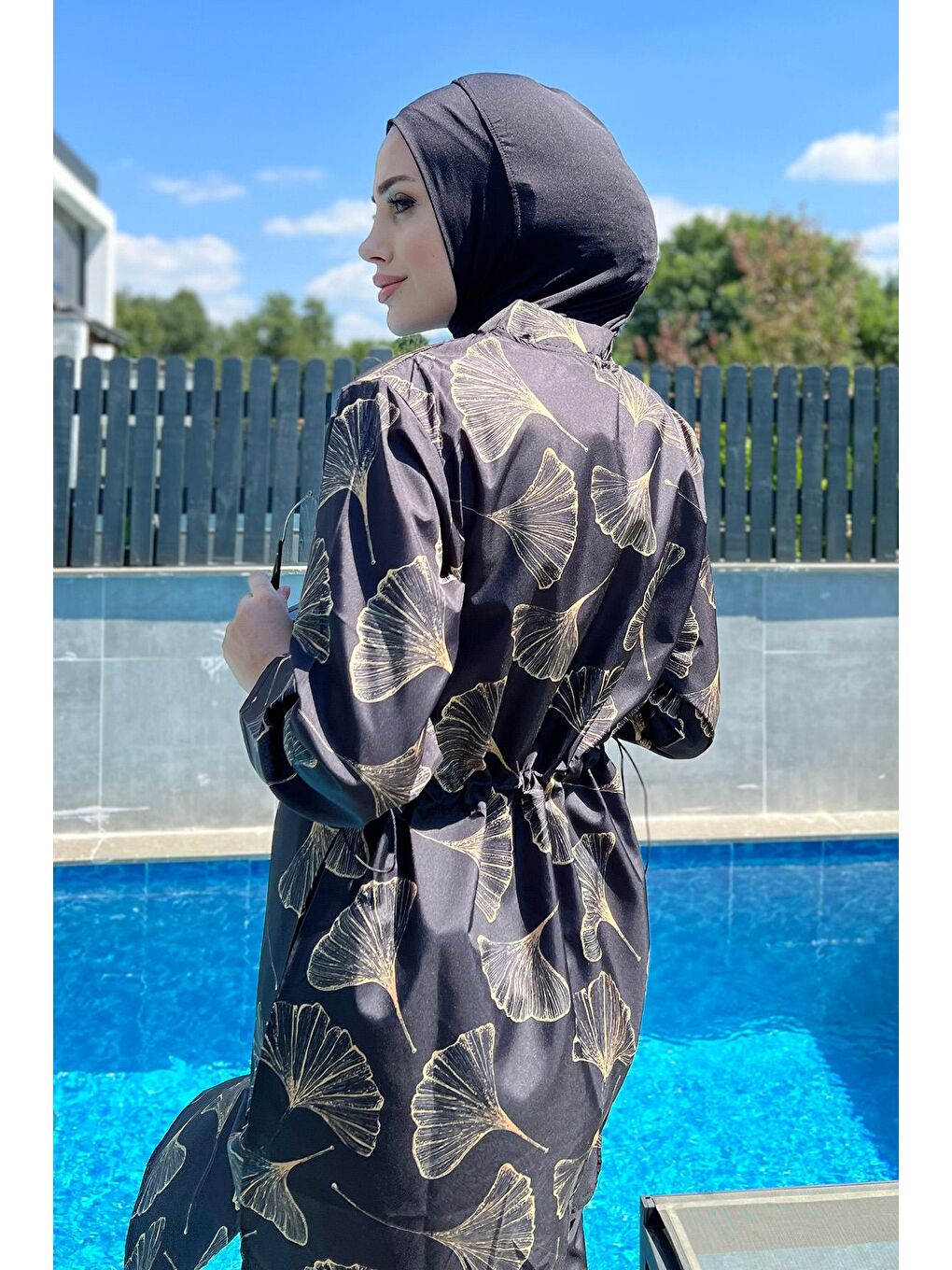 Siyah Önü Kapaklı Paraşüt Tam Kapalı Tesettür Mayo Gevher-4