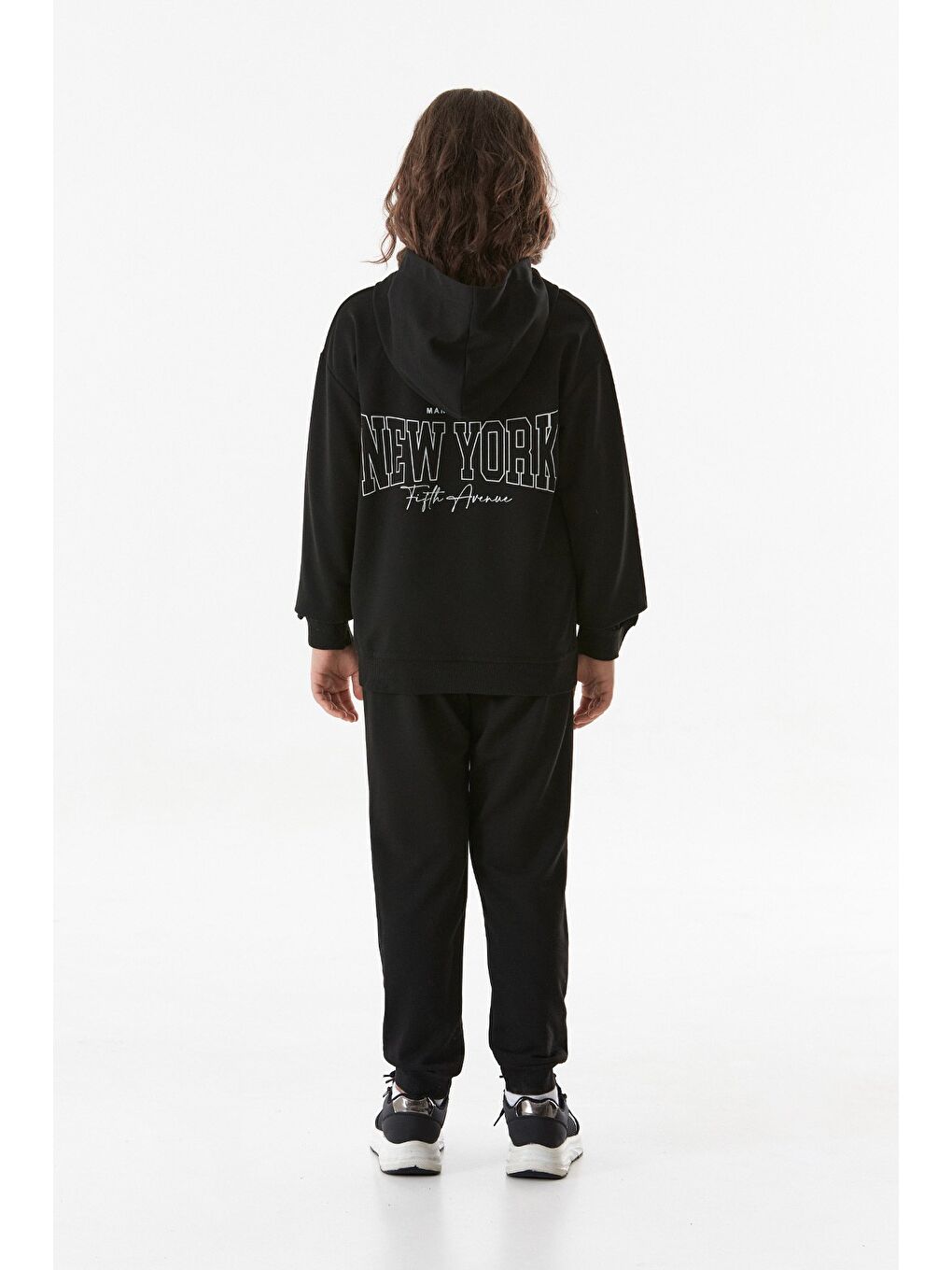 Siyah Yazı Baskılı Kapüşonlu Jogger Kız Çocuk Eşofman Takımı-2