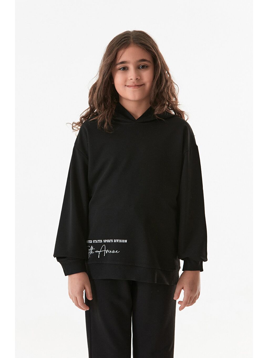 Siyah Yazı Baskılı Kapüşonlu Jogger Kız Çocuk Eşofman Takımı-3