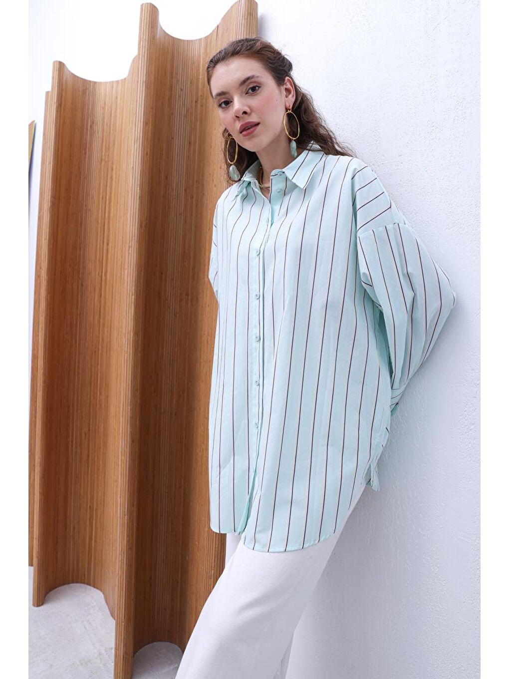 Mint-Yeşil-%100 Pamuklu Çizgili Gömlek Tunik