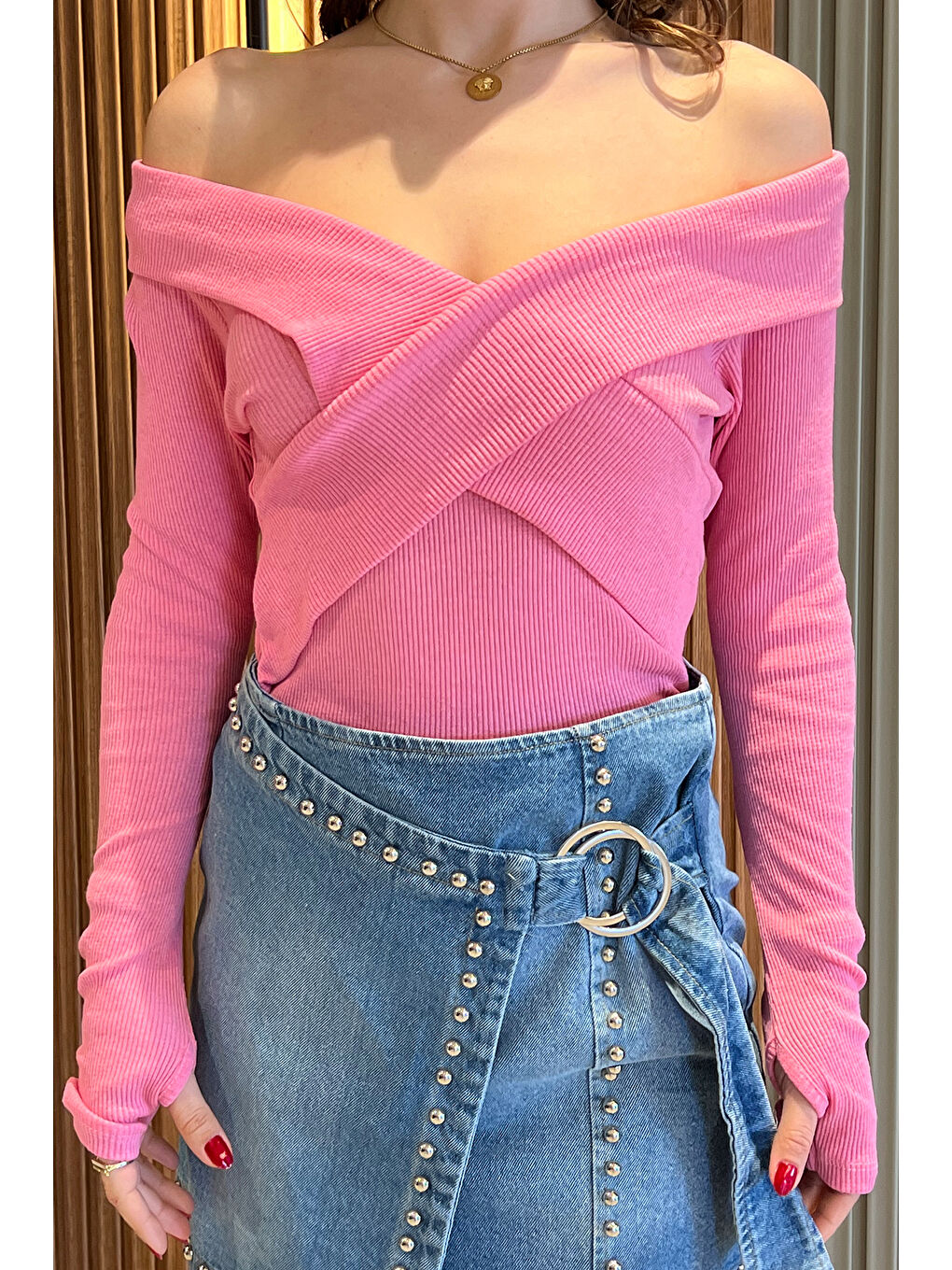 Pembe Ön Çapraz Detaylı Kadın Kaşkorse Bluz-2