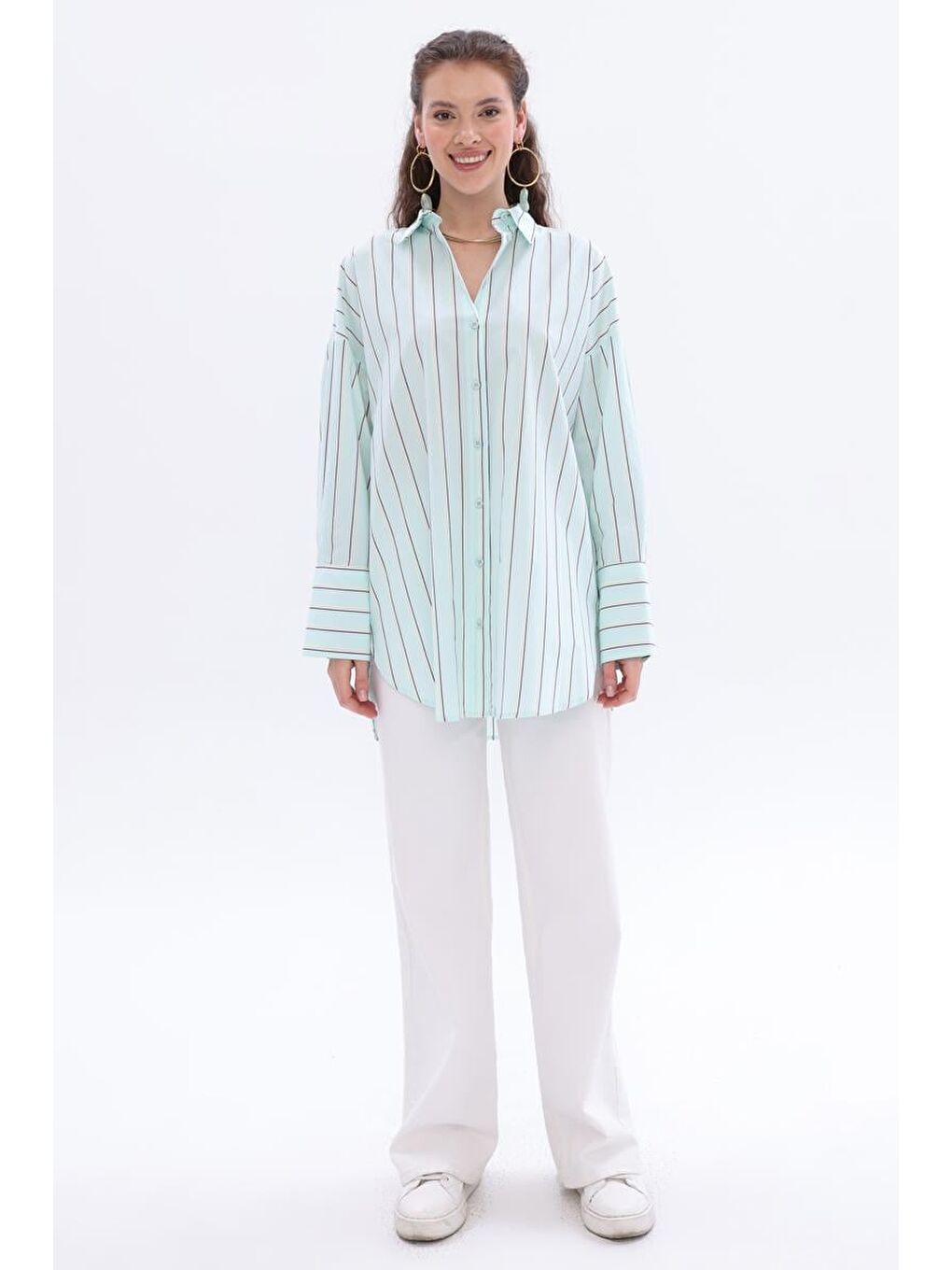 Mint-Yeşil-%100 Pamuklu Çizgili Gömlek Tunik-1