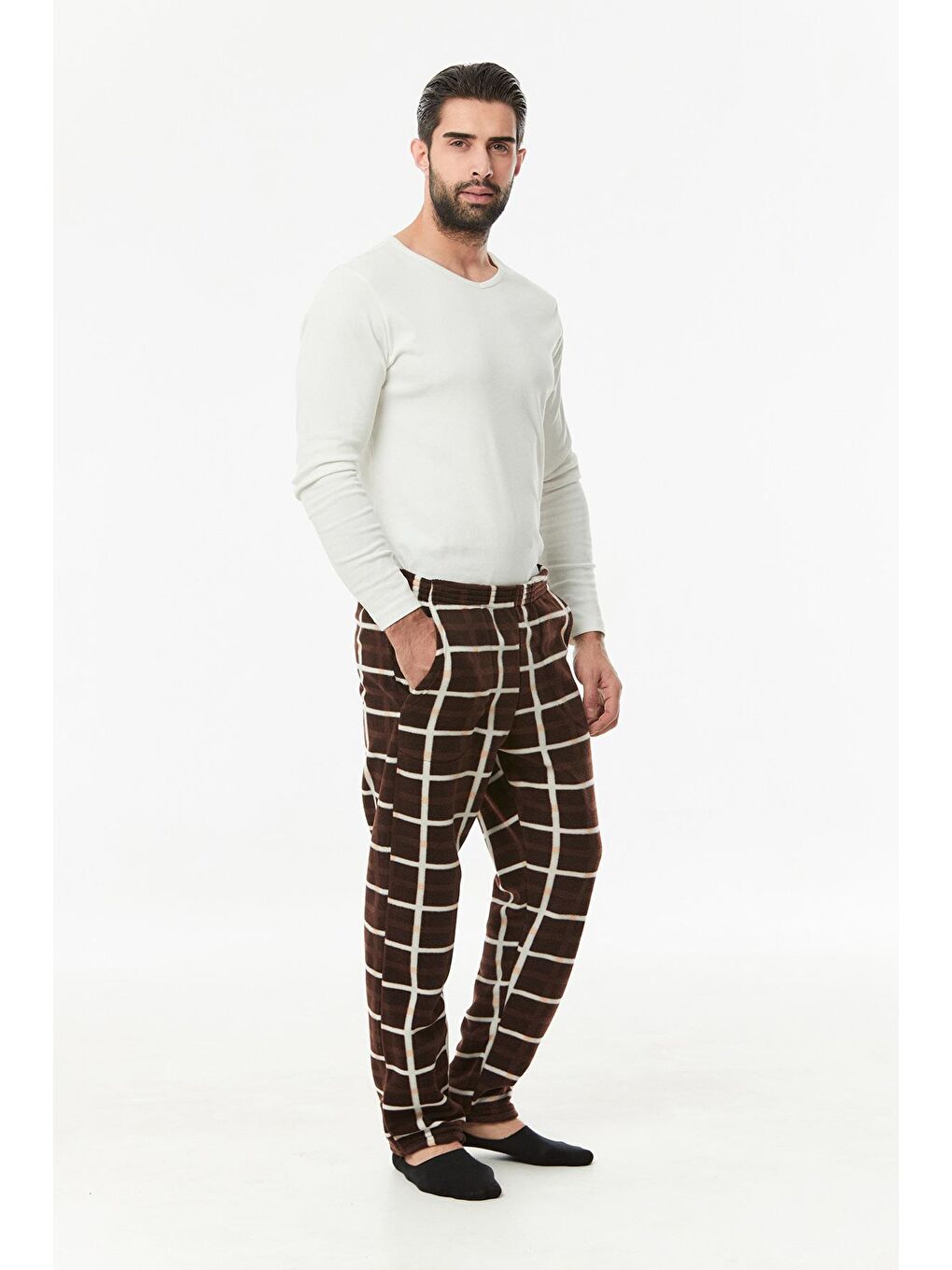 Kahverengi Çizgili Polar Pijama Altı-4