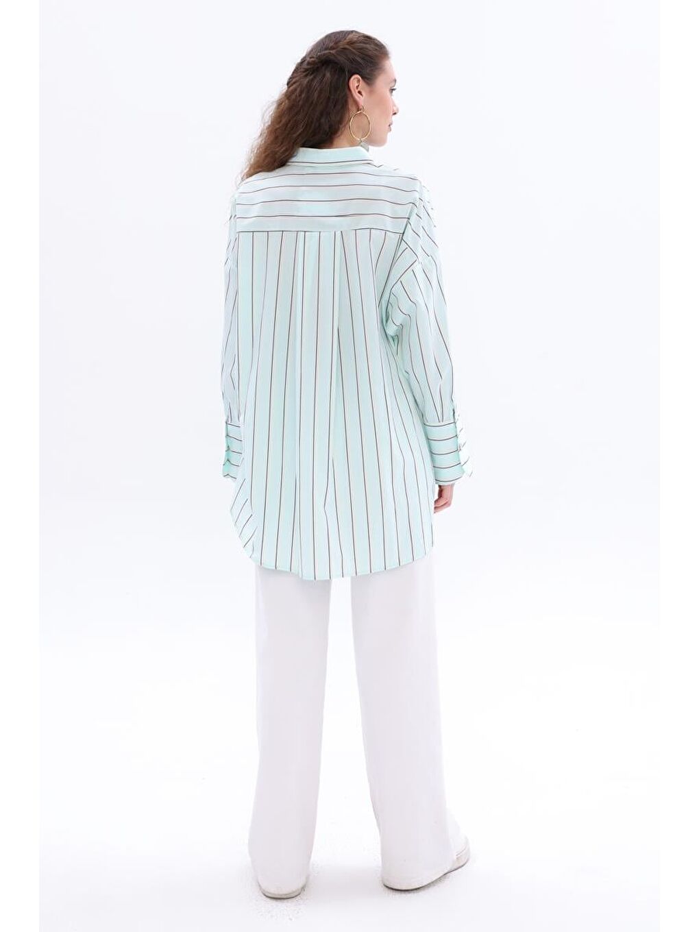 Mint-Yeşil-%100 Pamuklu Çizgili Gömlek Tunik-3