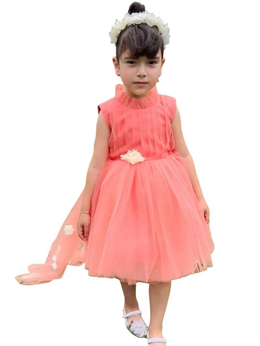 Pembe Kız Çocuk Dik Yaka Veli Manşetli Çiçek Detaylı Kuyruklu Kabarık Mercan Abiye-3