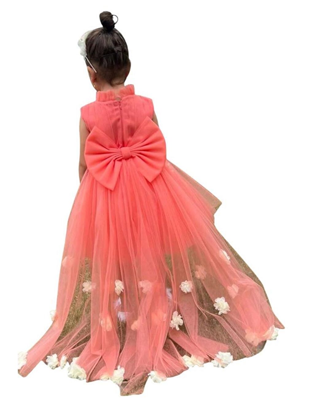 Pembe Kız Çocuk Dik Yaka Veli Manşetli Çiçek Detaylı Kuyruklu Kabarık Mercan Abiye-4