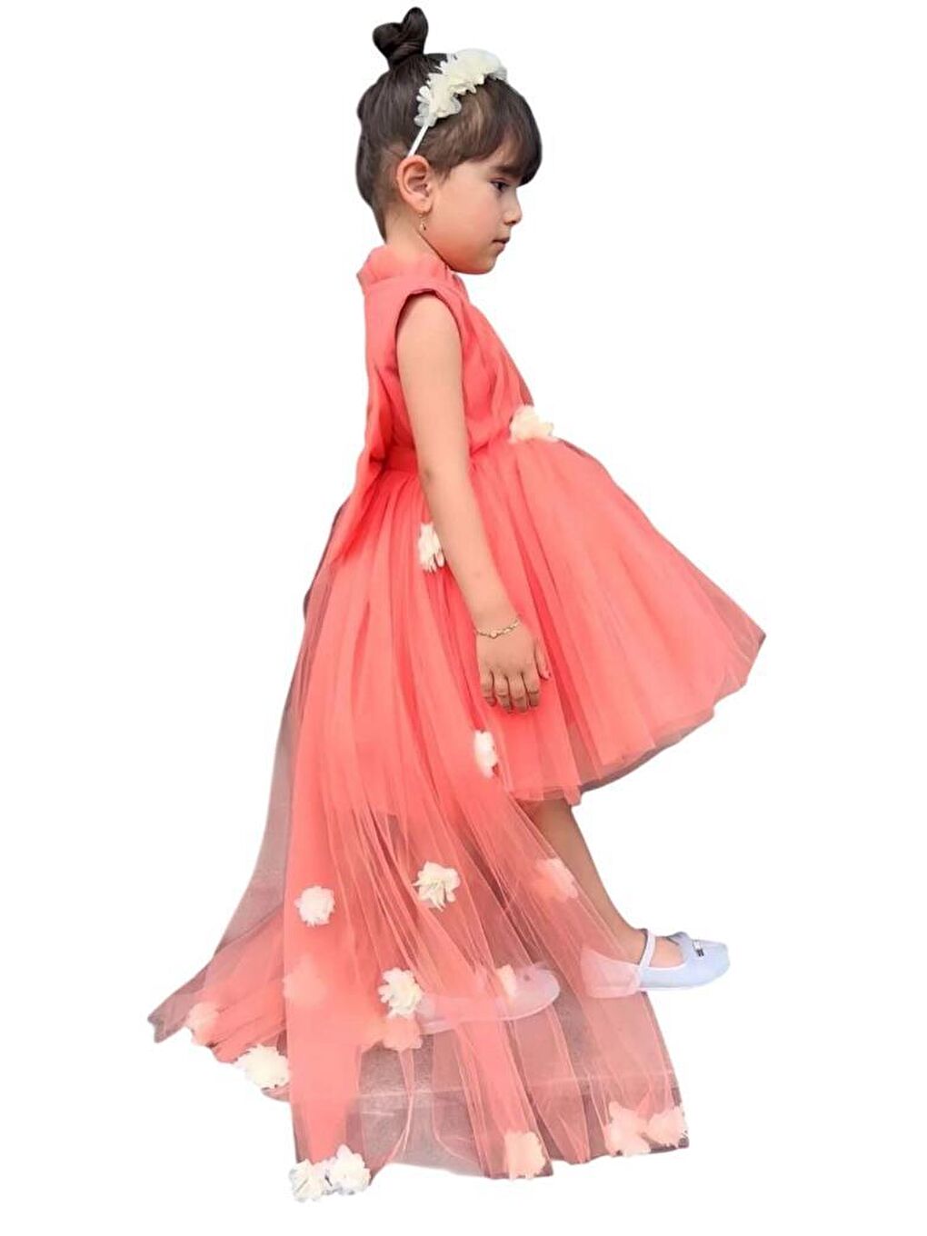 Pembe Kız Çocuk Dik Yaka Veli Manşetli Çiçek Detaylı Kuyruklu Kabarık Mercan Abiye-5