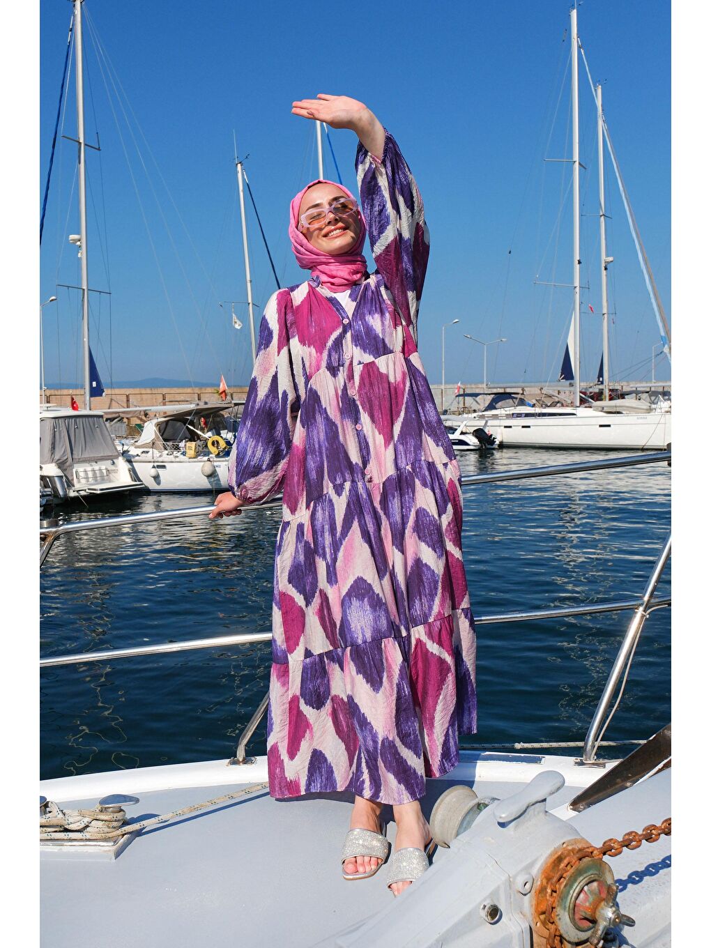 Fırça Desen Elbise Lila-3