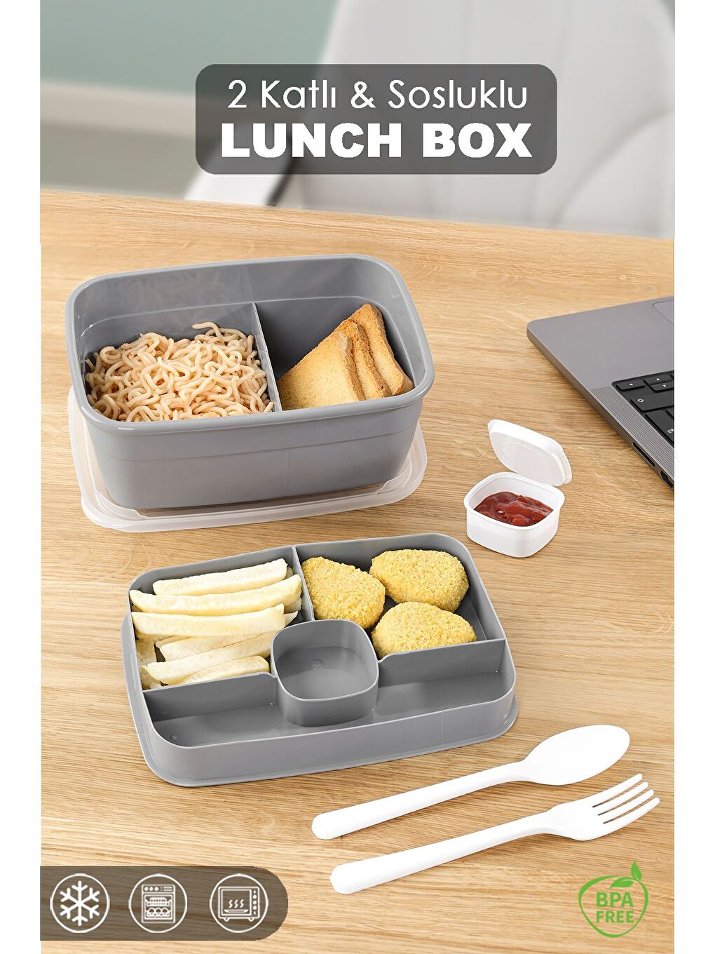 2 Katlı Bölmeli Beslenme Kabı Yemek Taşıma Saklama Kabı Diyet Lunch Box Sosluk Kaşık Çatal Gri
