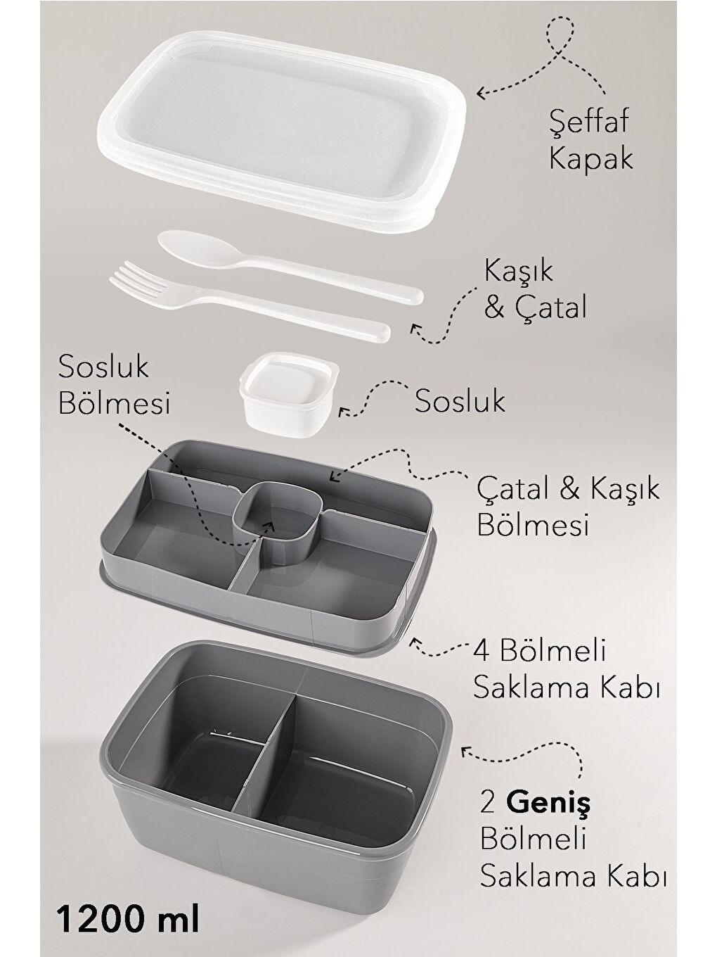 2 Katlı Bölmeli Beslenme Kabı Yemek Taşıma Saklama Kabı Diyet Lunch Box Sosluk Kaşık Çatal Gri-1