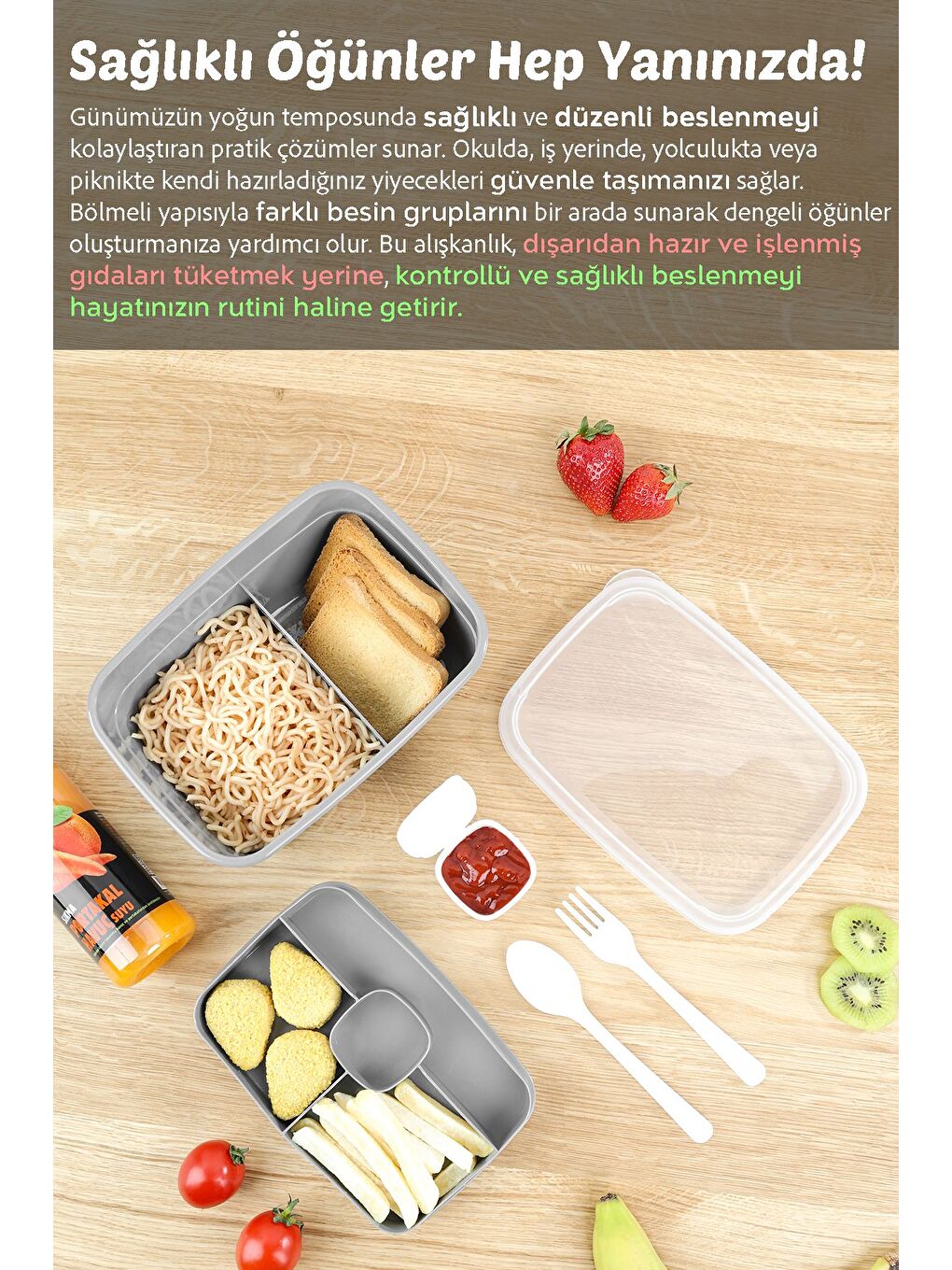 2 Katlı Bölmeli Beslenme Kabı Yemek Taşıma Saklama Kabı Diyet Lunch Box Sosluk Kaşık Çatal Gri-2